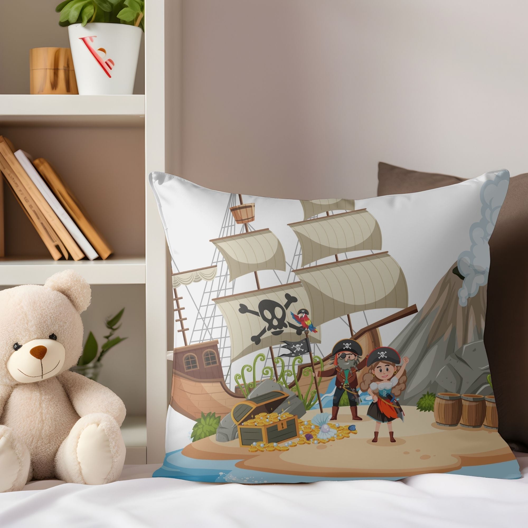 Pirates on the Island Kids Pillow featuring vibrant pirate graphics on one side and a light cream back, perfect for children's rooms.