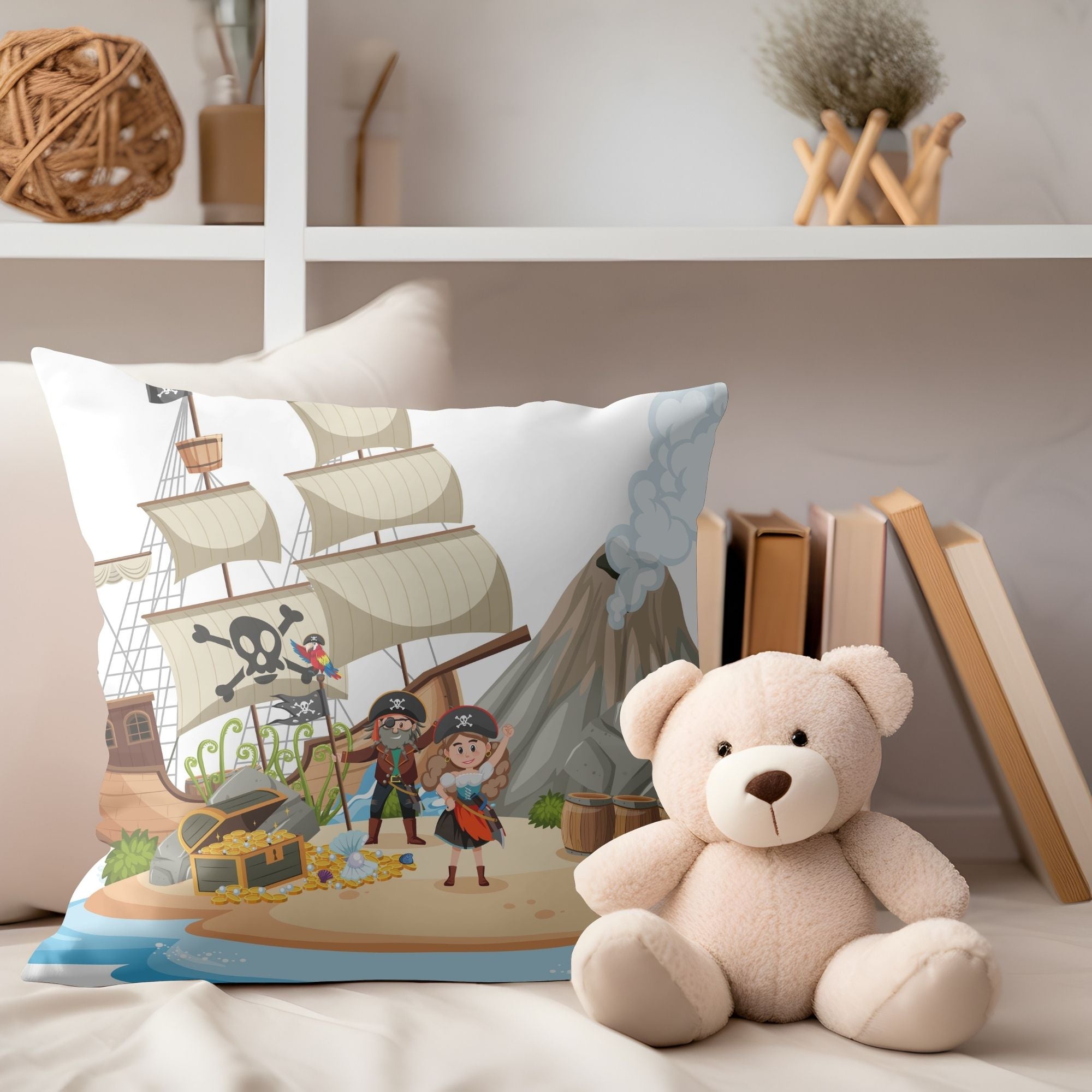 Pirates on the Island Kids Pillow featuring vibrant pirate graphics on one side and a light cream back, perfect for children's rooms.