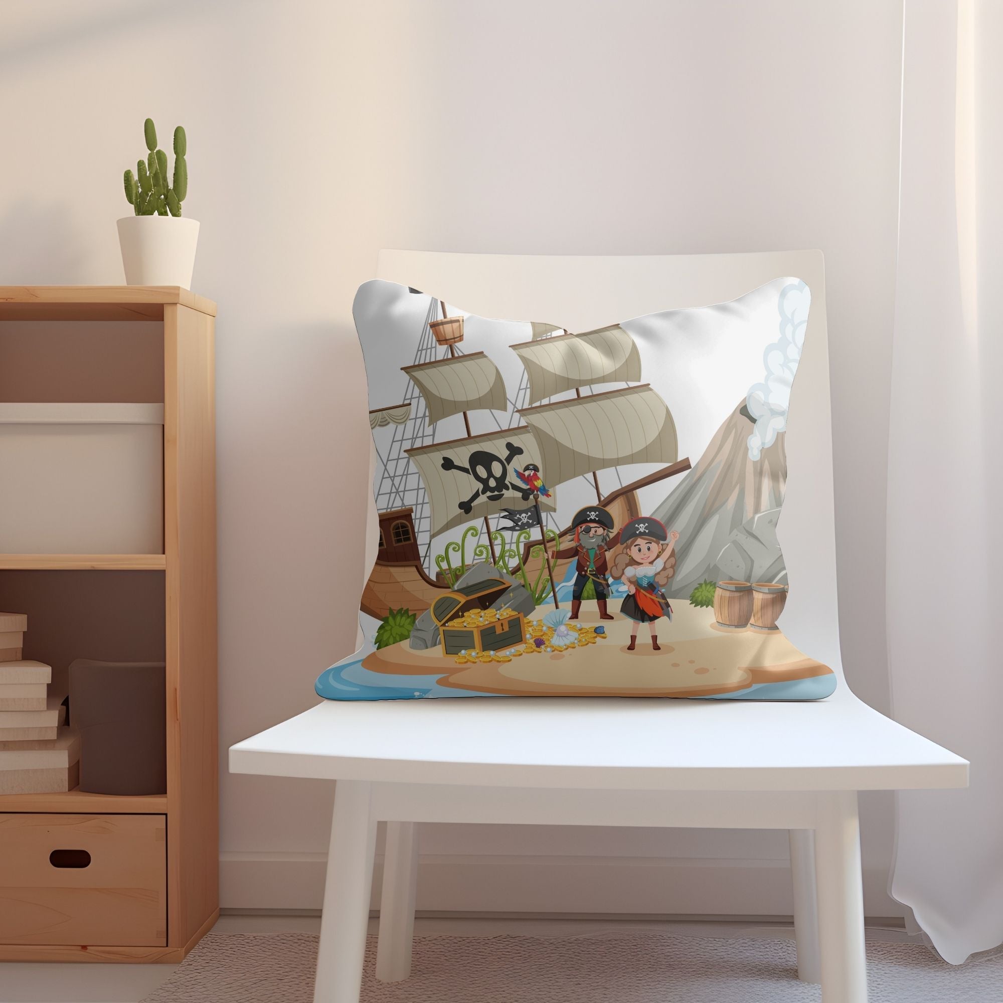 Pirates on the Island Kids Pillow featuring vibrant pirate graphics on one side and a light cream back, perfect for children's rooms.