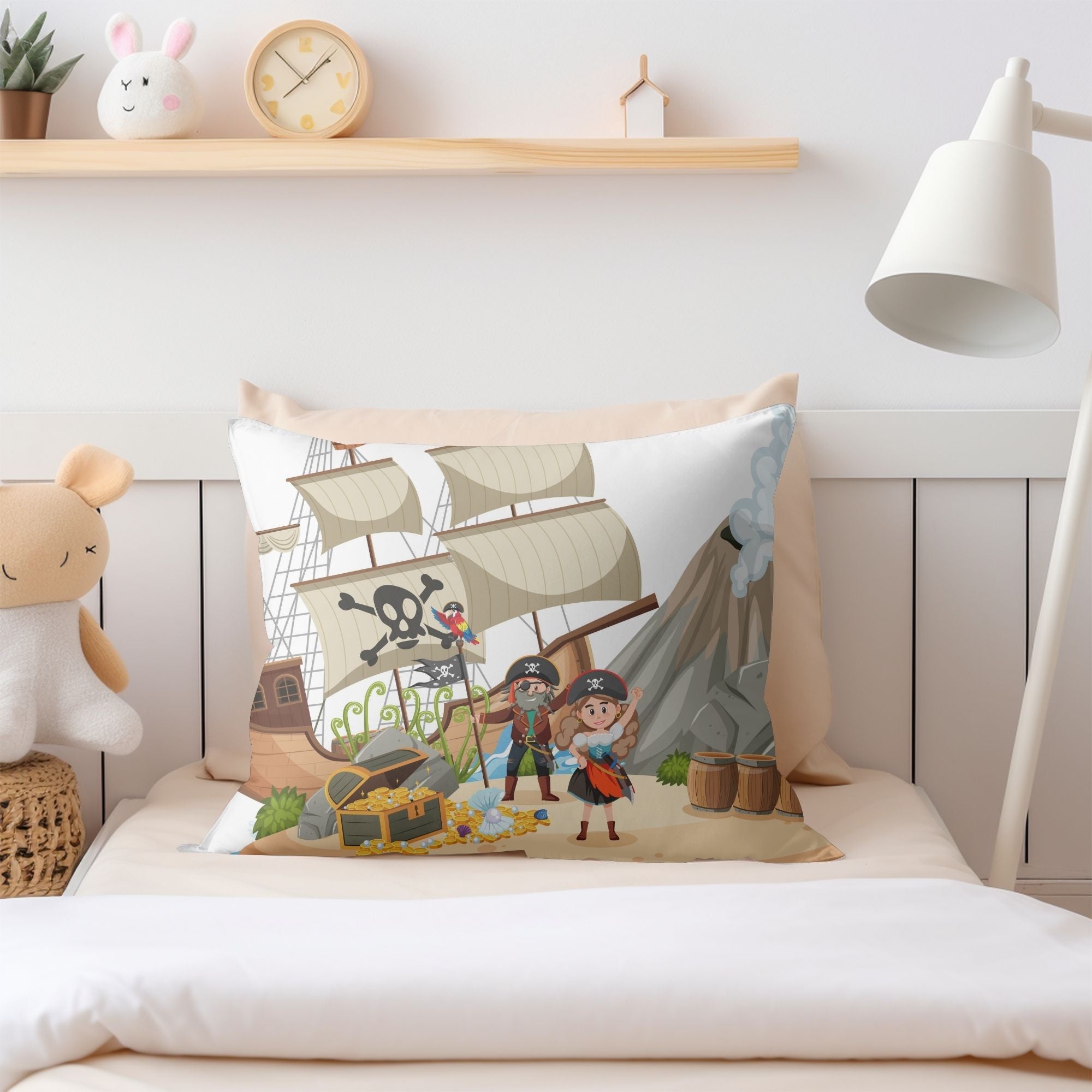 Pirates on the Island Kids Pillow featuring vibrant pirate graphics on one side and a light cream back, perfect for children's rooms.