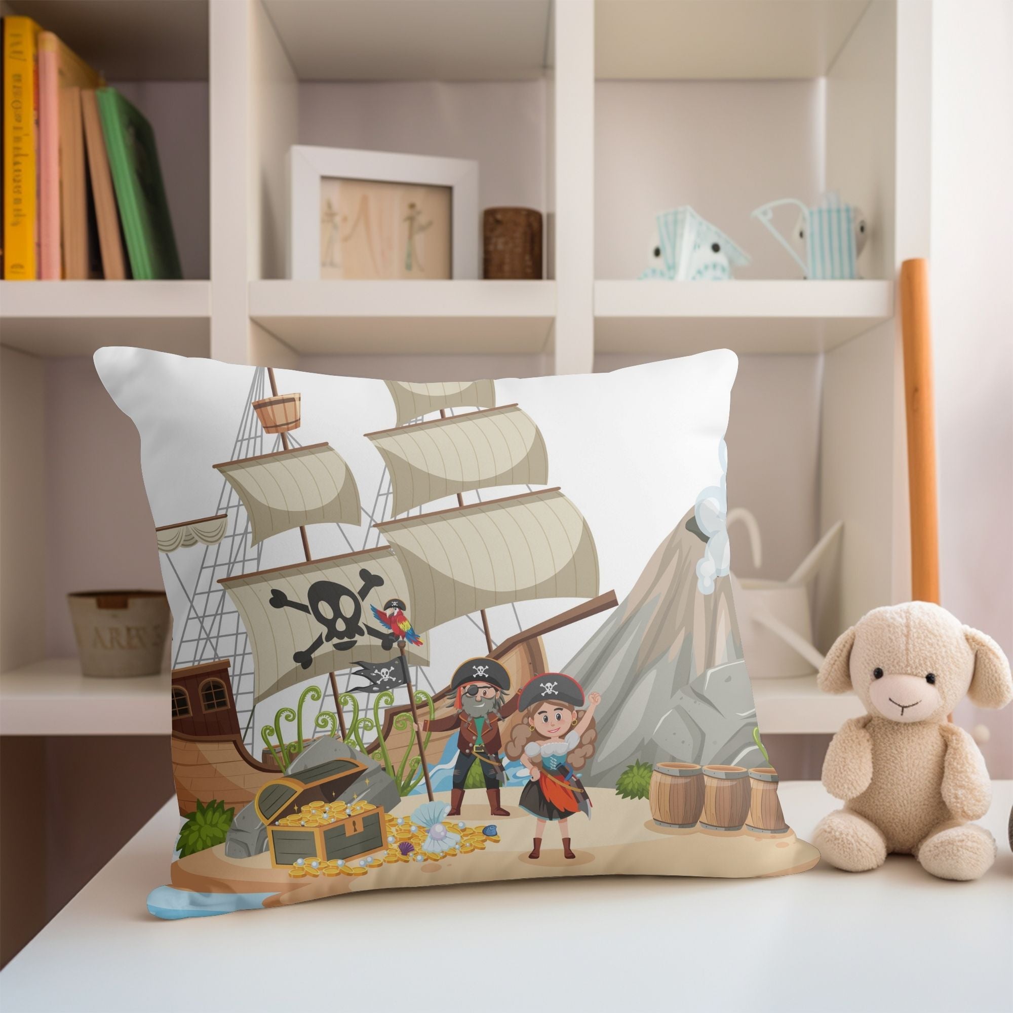 Pirates on the Island Kids Pillow featuring vibrant pirate graphics on one side and a light cream back, perfect for children's rooms.