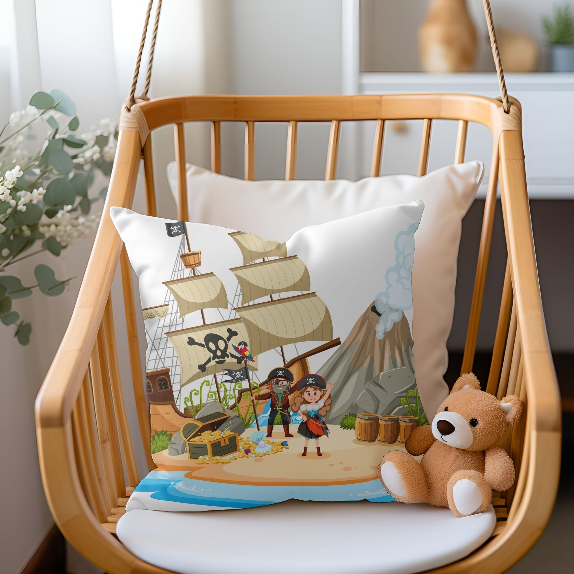 Pirates on the Island Kids Pillow featuring vibrant pirate graphics on one side and a light cream back, perfect for children's rooms.