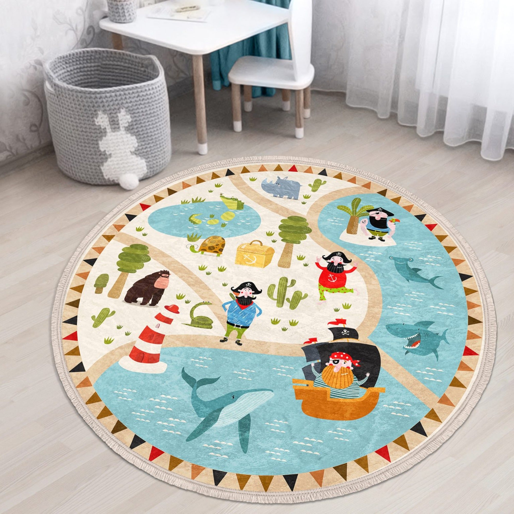 A round rug featuring a cute pirate ship design, perfect for kids' rooms and nurseries, made from shiny velvet fabric.