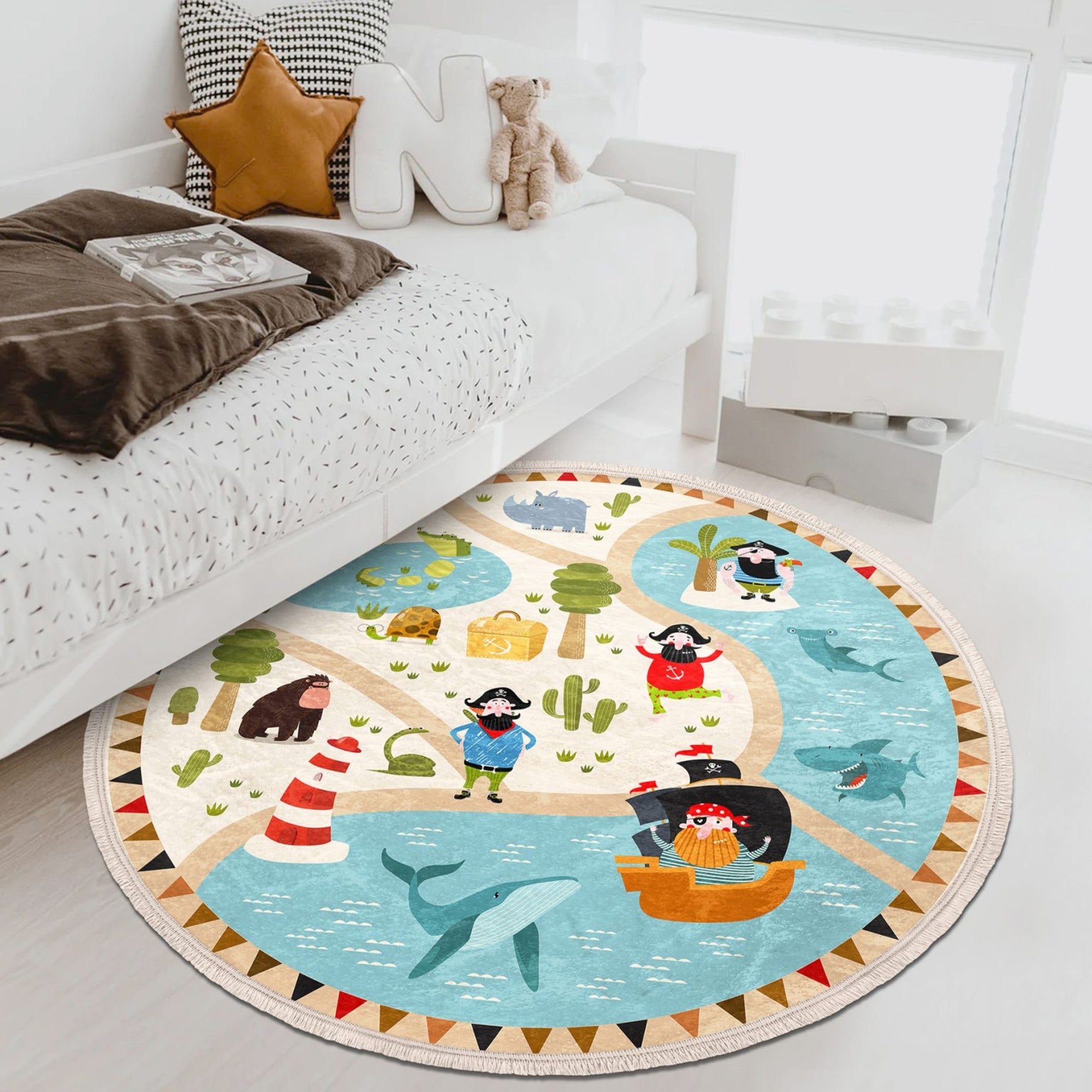 A round rug featuring a cute pirate ship design, perfect for kids' rooms and nurseries, made from shiny velvet fabric.