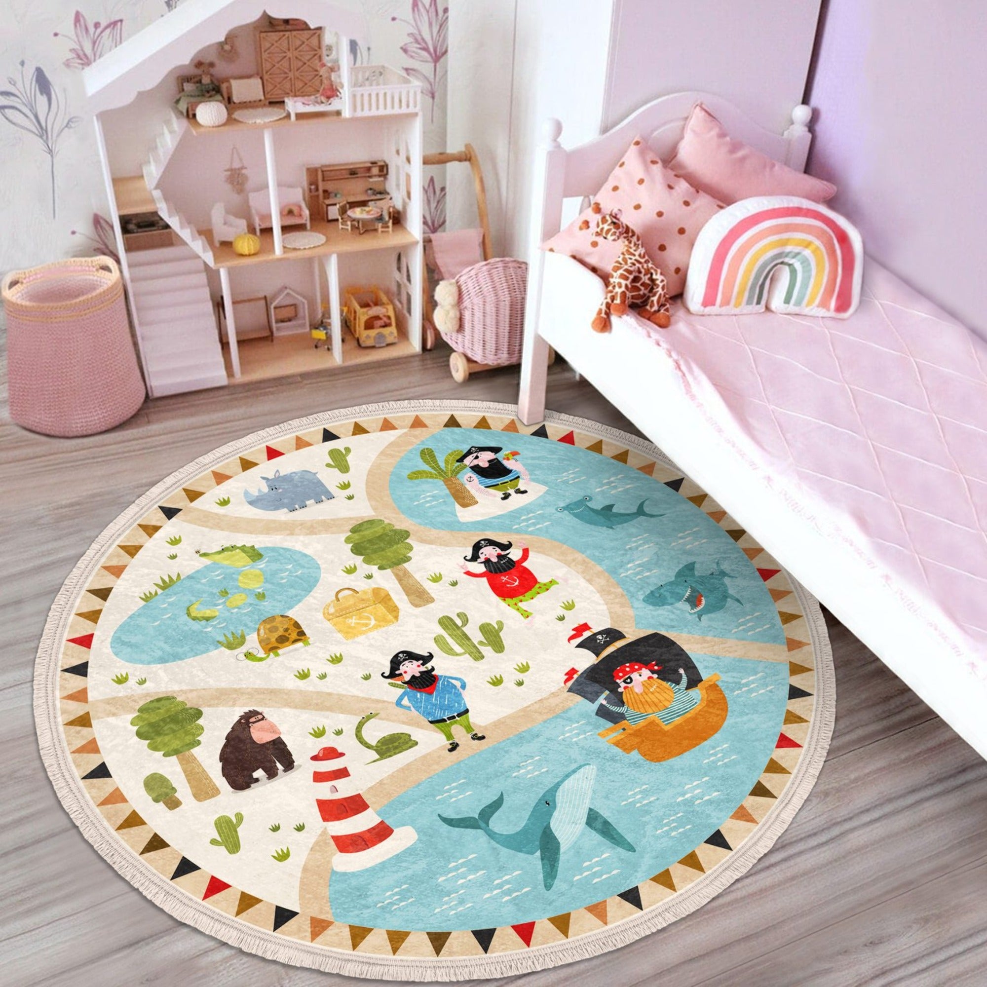 A round rug featuring a cute pirate ship design, perfect for kids' rooms and nurseries, made from shiny velvet fabric.