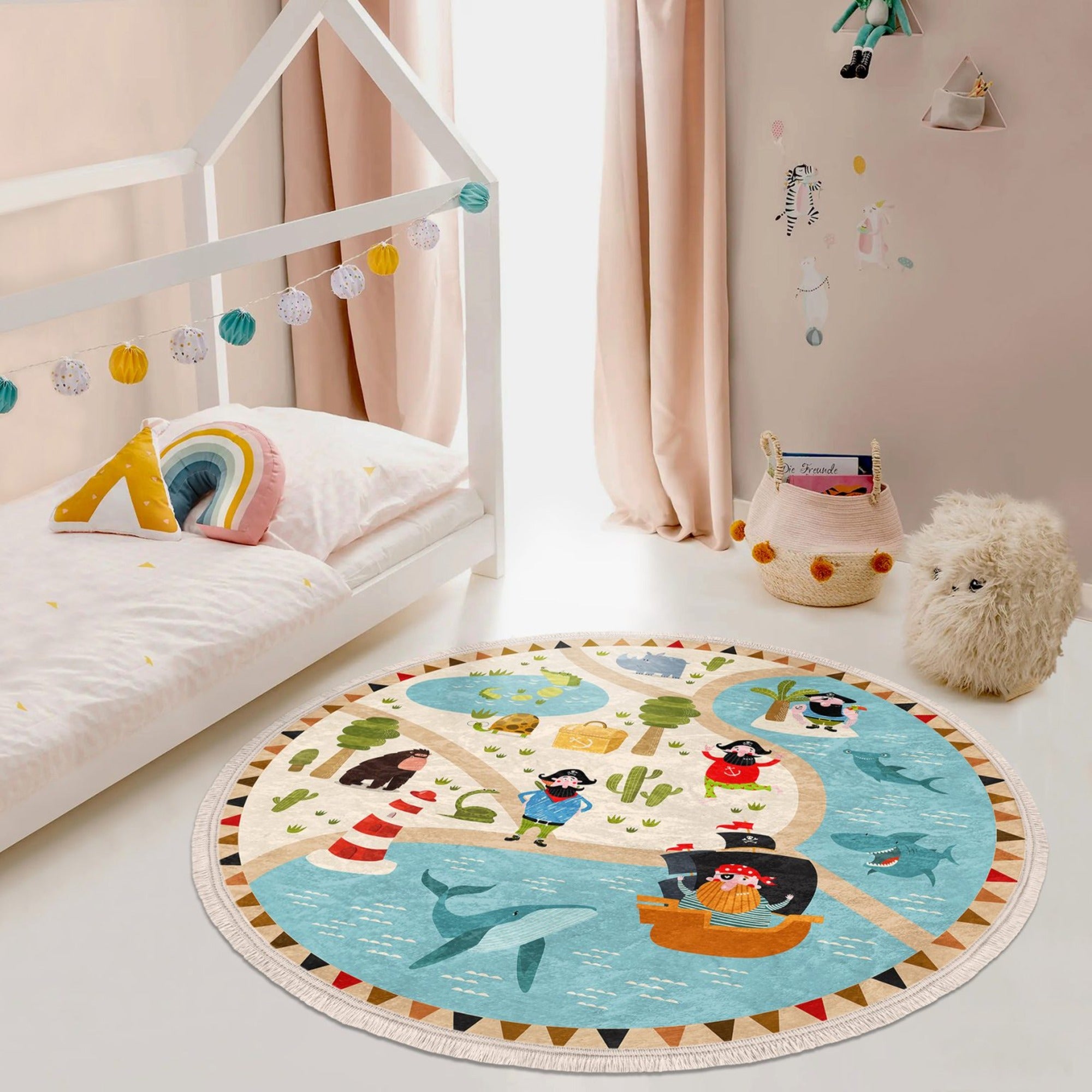 A round rug featuring a cute pirate ship design, perfect for kids' rooms and nurseries, made from shiny velvet fabric.