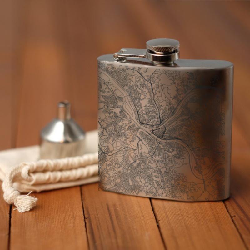 Custom engraved Pittsburgh map on a 6oz hip flask with a funnel and canvas bag.