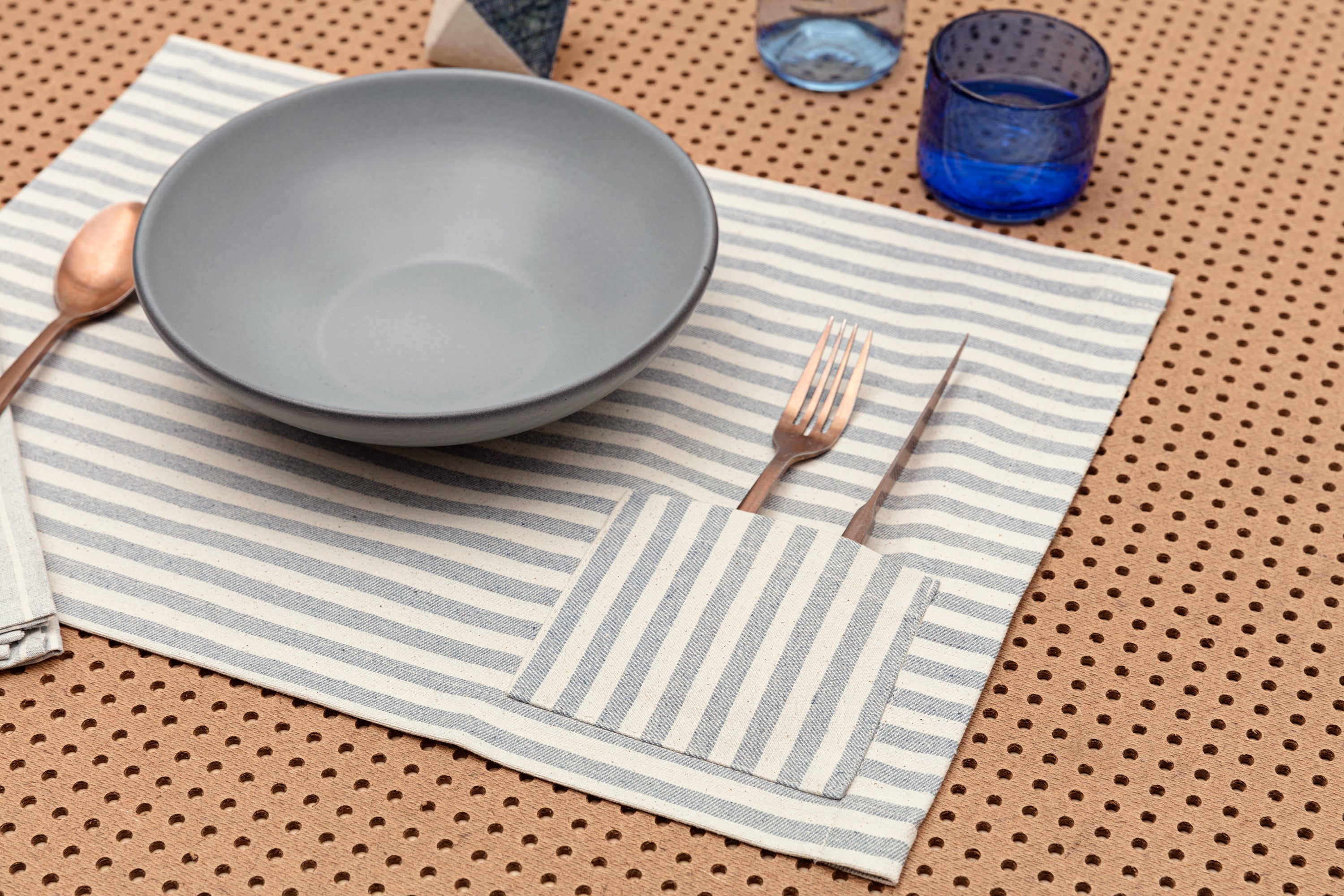 Set of 4 rustic cotton placemats, measuring 14” x 19”, perfect for dining occasions.