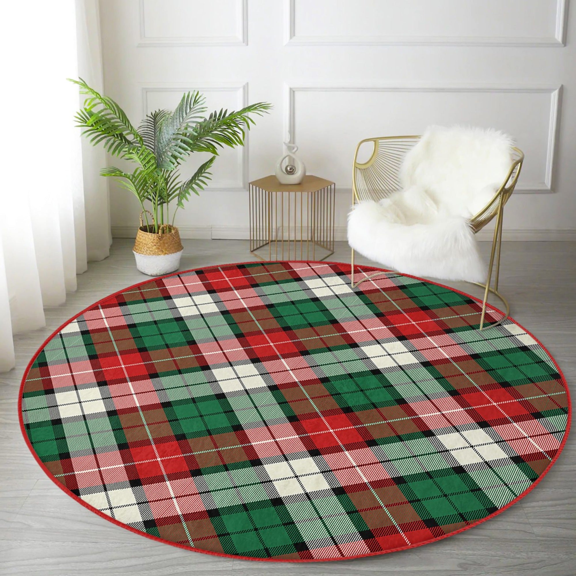 Plaid Living Room Decorative Washable Round Rug by Homeezone, featuring a classic plaid pattern in soft velvet fabric, perfect for cozy living spaces.