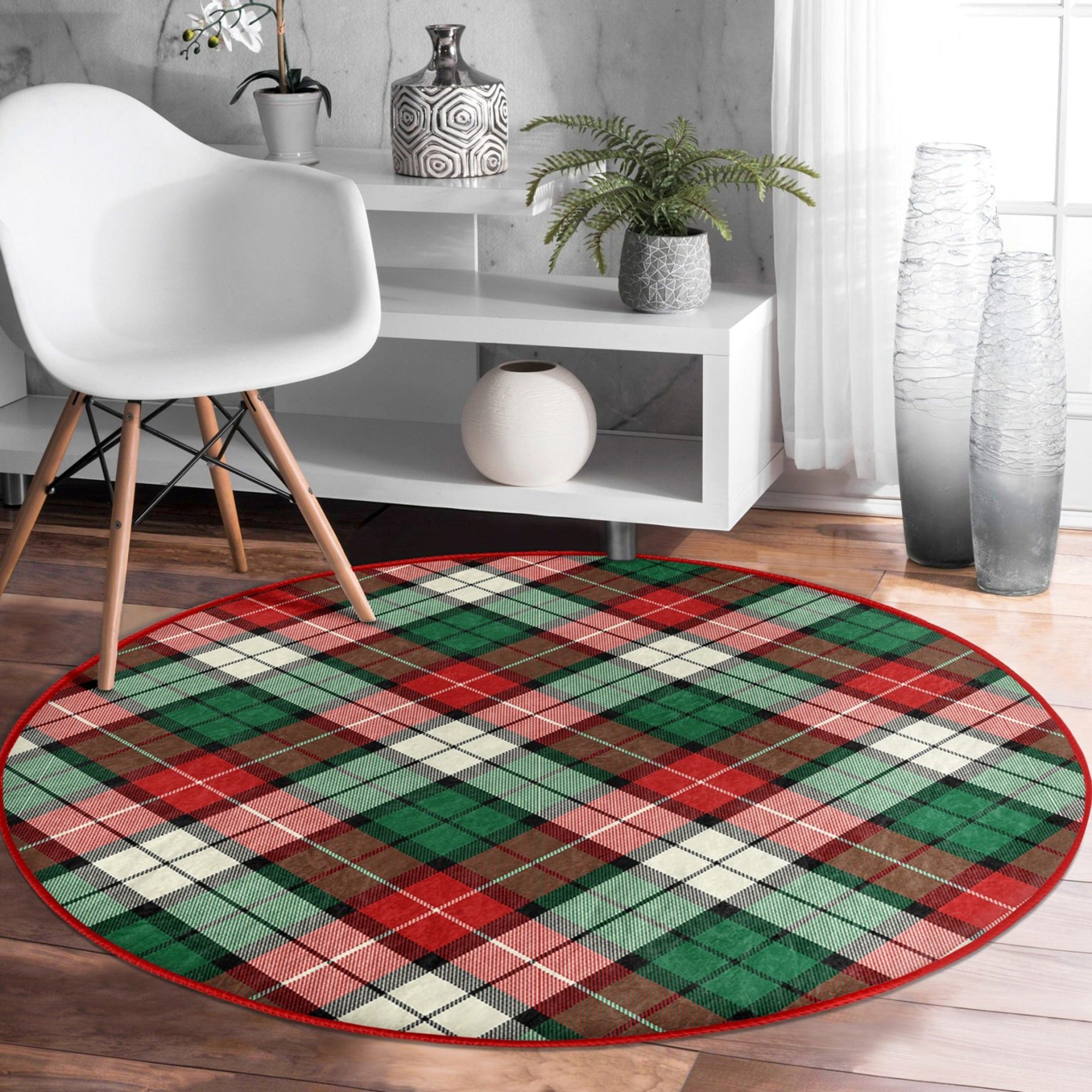 Plaid Living Room Decorative Washable Round Rug by Homeezone, featuring a classic plaid pattern in soft velvet fabric, perfect for cozy living spaces.