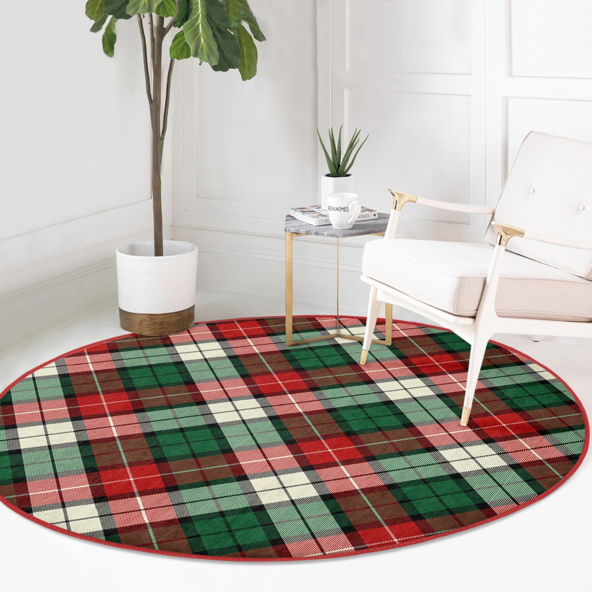 Plaid Living Room Decorative Washable Round Rug by Homeezone, featuring a classic plaid pattern in soft velvet fabric, perfect for cozy living spaces.