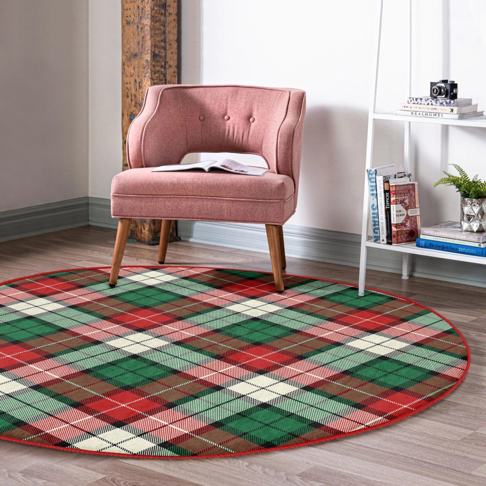 Plaid Living Room Decorative Washable Round Rug by Homeezone, featuring a classic plaid pattern in soft velvet fabric, perfect for cozy living spaces.