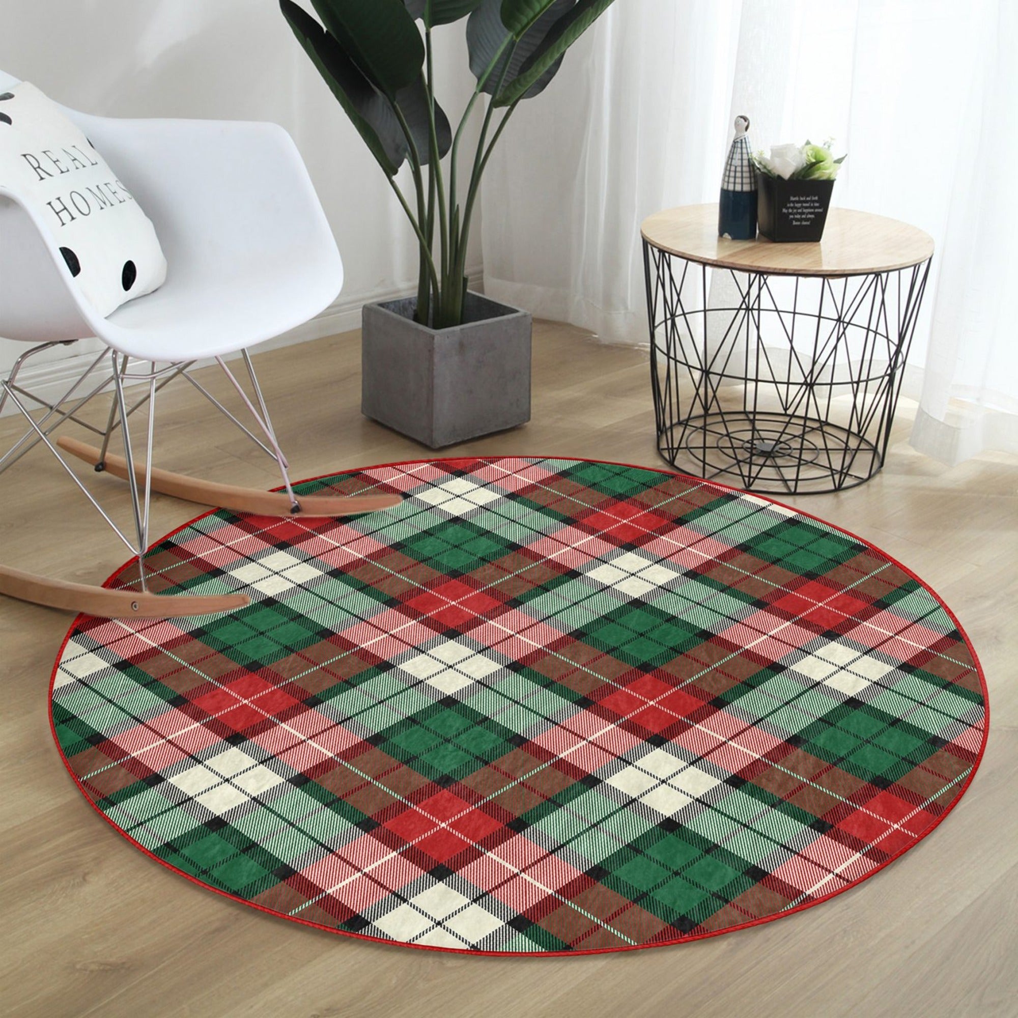 Plaid Living Room Decorative Washable Round Rug by Homeezone, featuring a classic plaid pattern in soft velvet fabric, perfect for cozy living spaces.