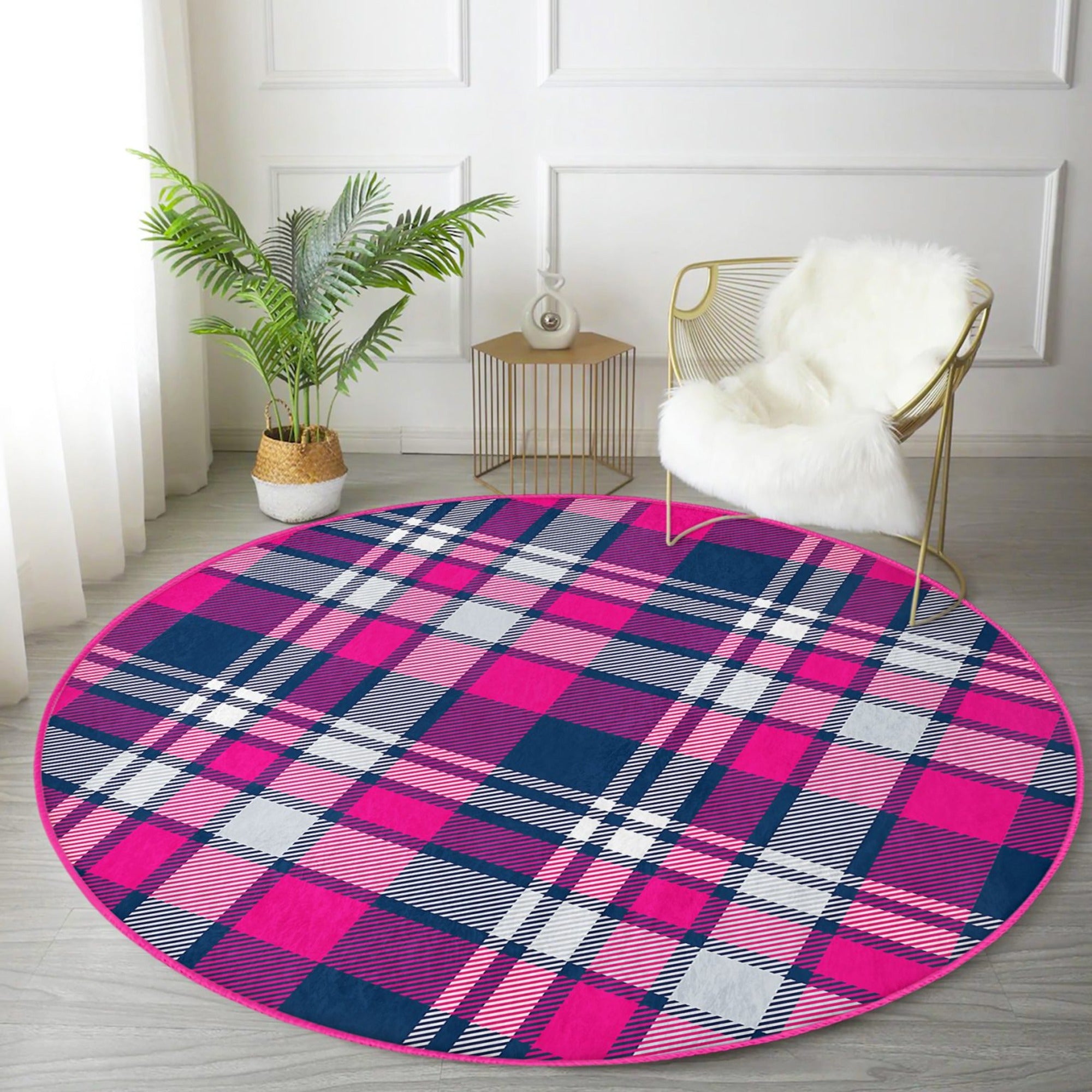 A beautifully designed plaid patterned round rug in various sizes, showcasing its soft velvet texture and vibrant colors, perfect for living room decor.