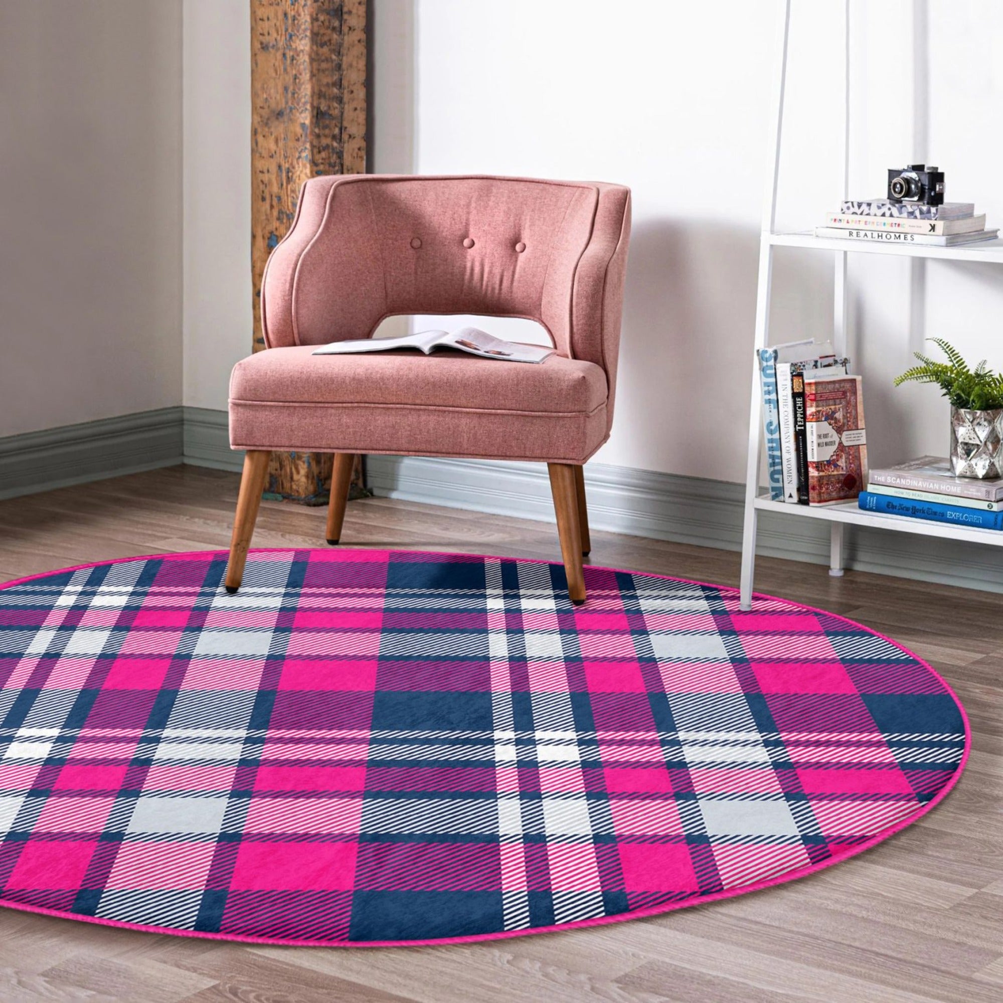 A beautifully designed plaid patterned round rug in various sizes, showcasing its soft velvet texture and vibrant colors, perfect for living room decor.