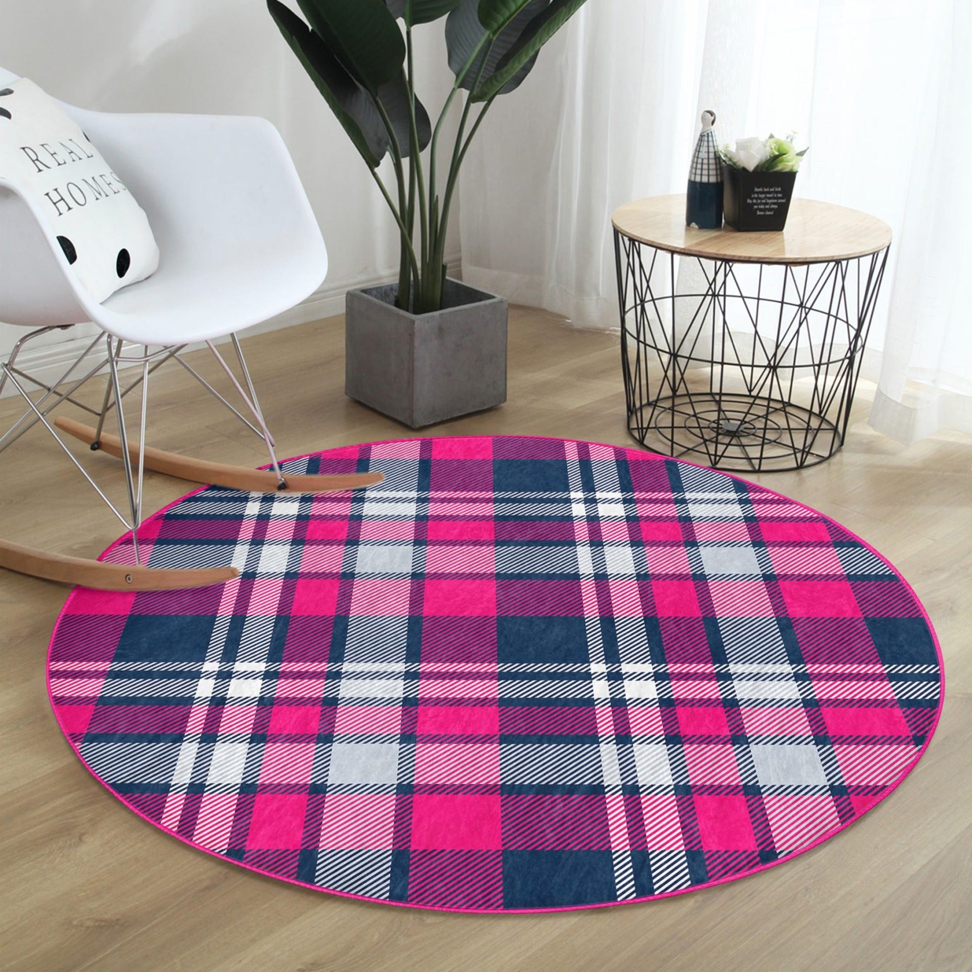 A beautifully designed plaid patterned round rug in various sizes, showcasing its soft velvet texture and vibrant colors, perfect for living room decor.