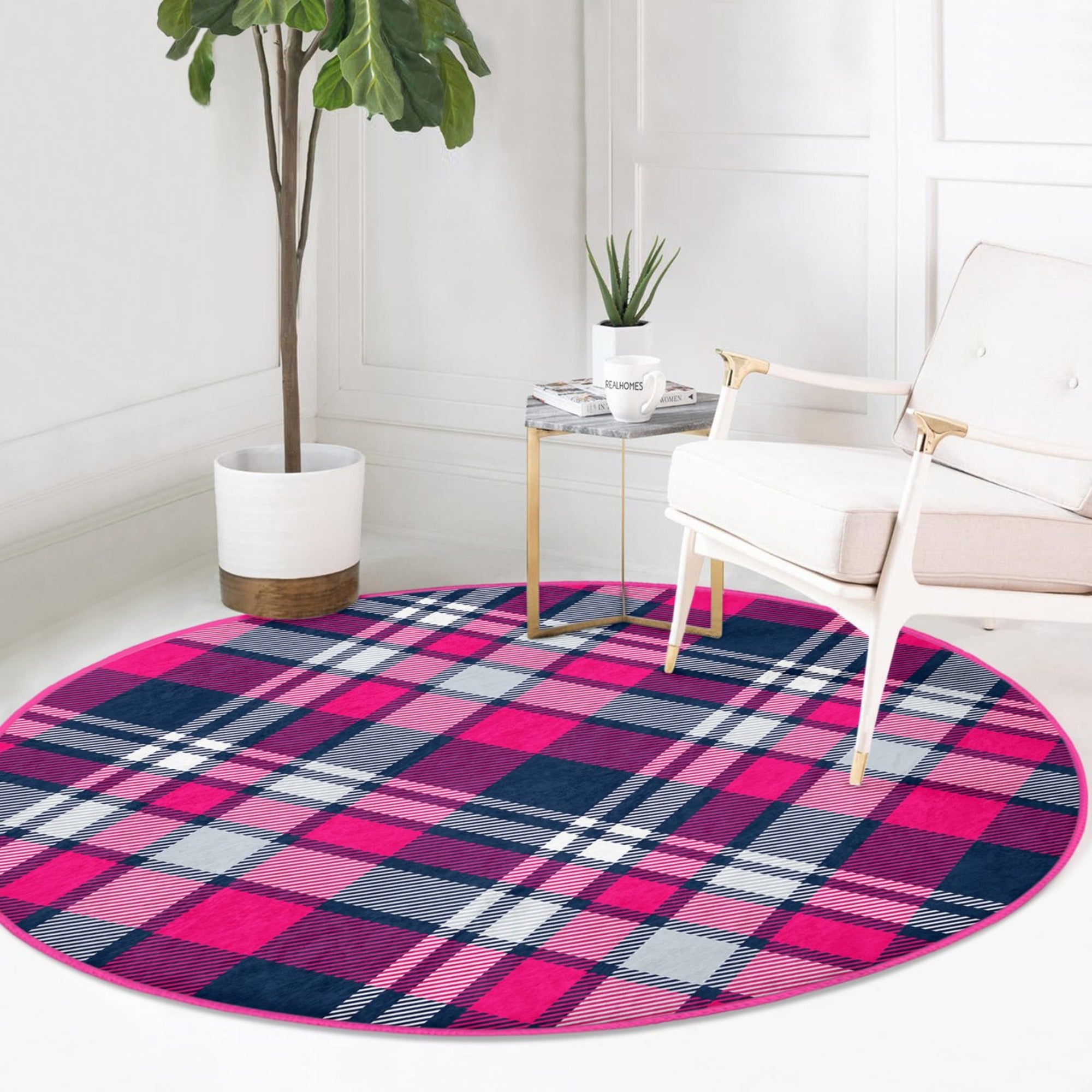 A beautifully designed plaid patterned round rug in various sizes, showcasing its soft velvet texture and vibrant colors, perfect for living room decor.