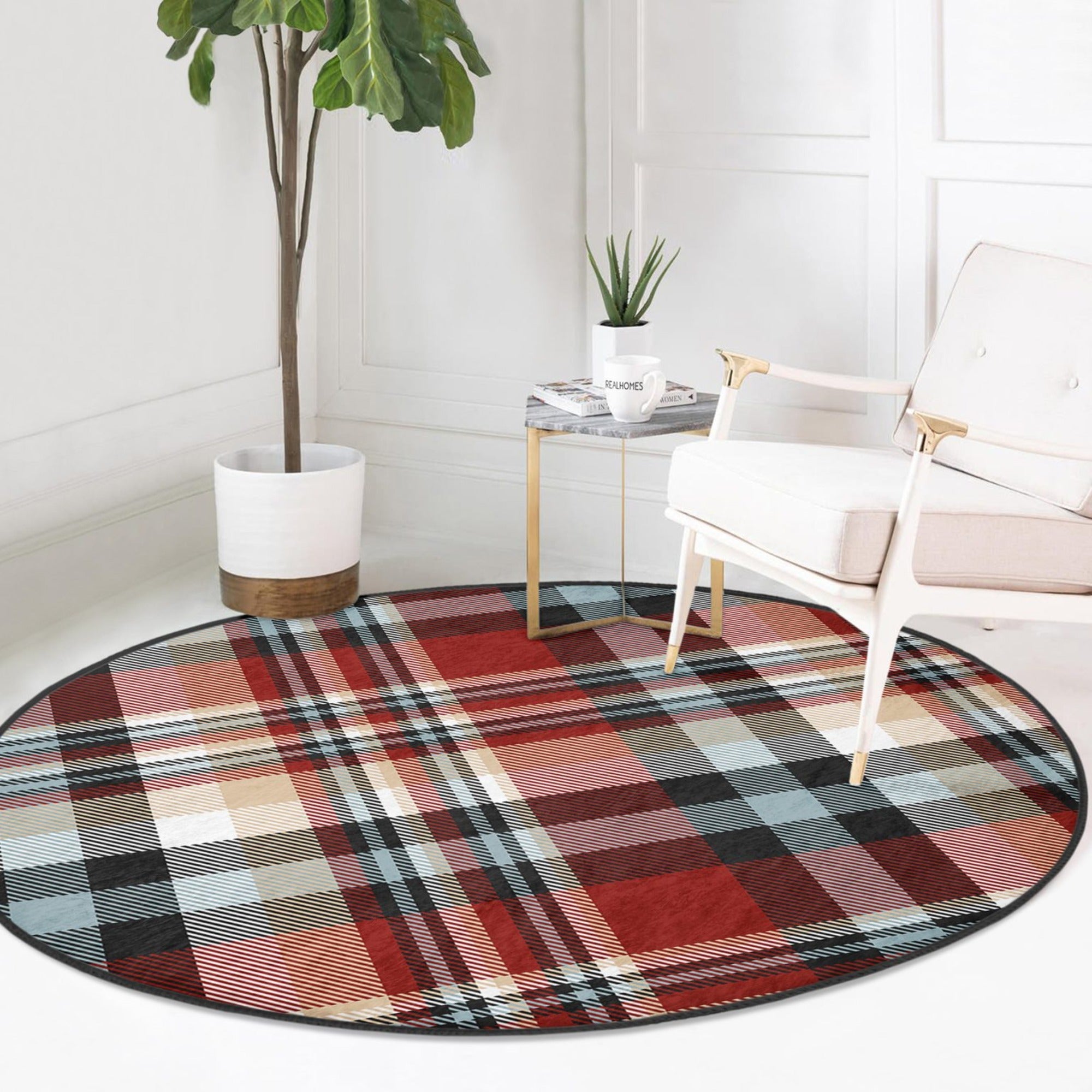 Plaid patterned round rug in a cozy living room setting, showcasing its soft velvet texture and non-slip backing.