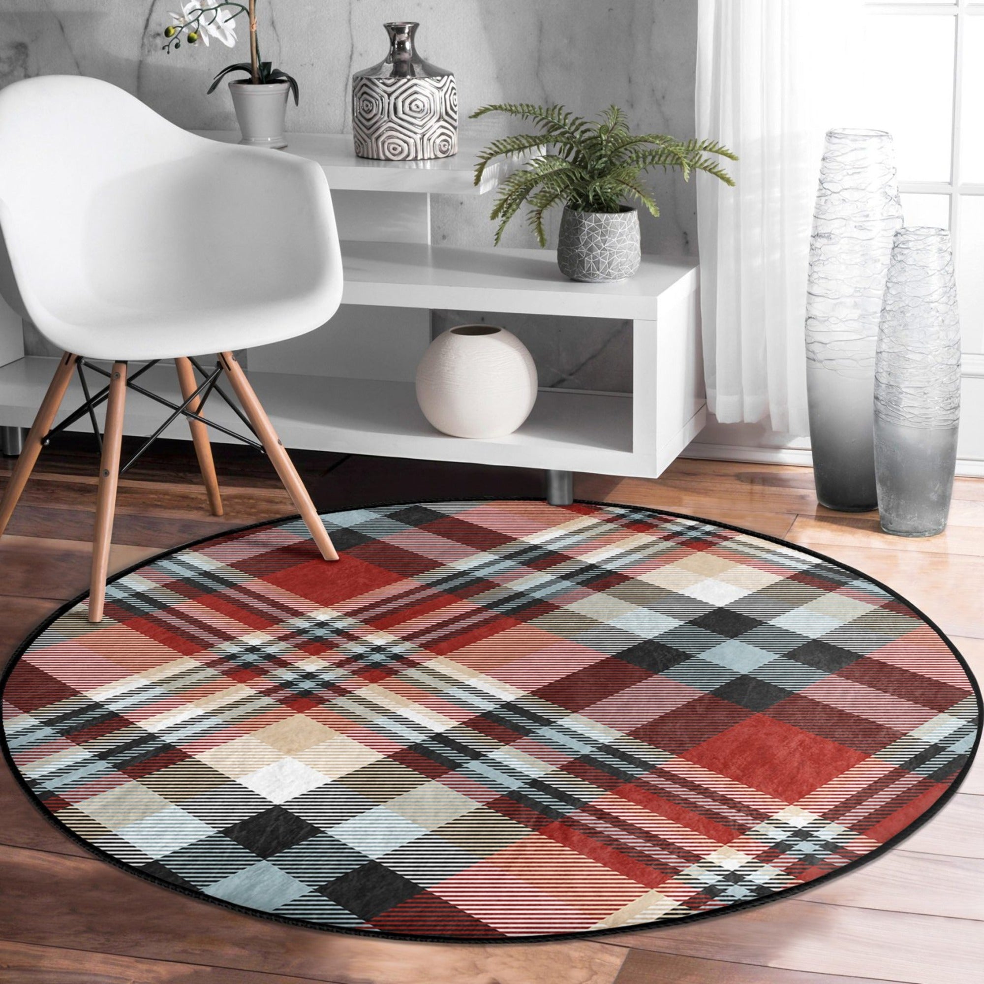 Plaid patterned round rug in a cozy living room setting, showcasing its soft velvet texture and non-slip backing.