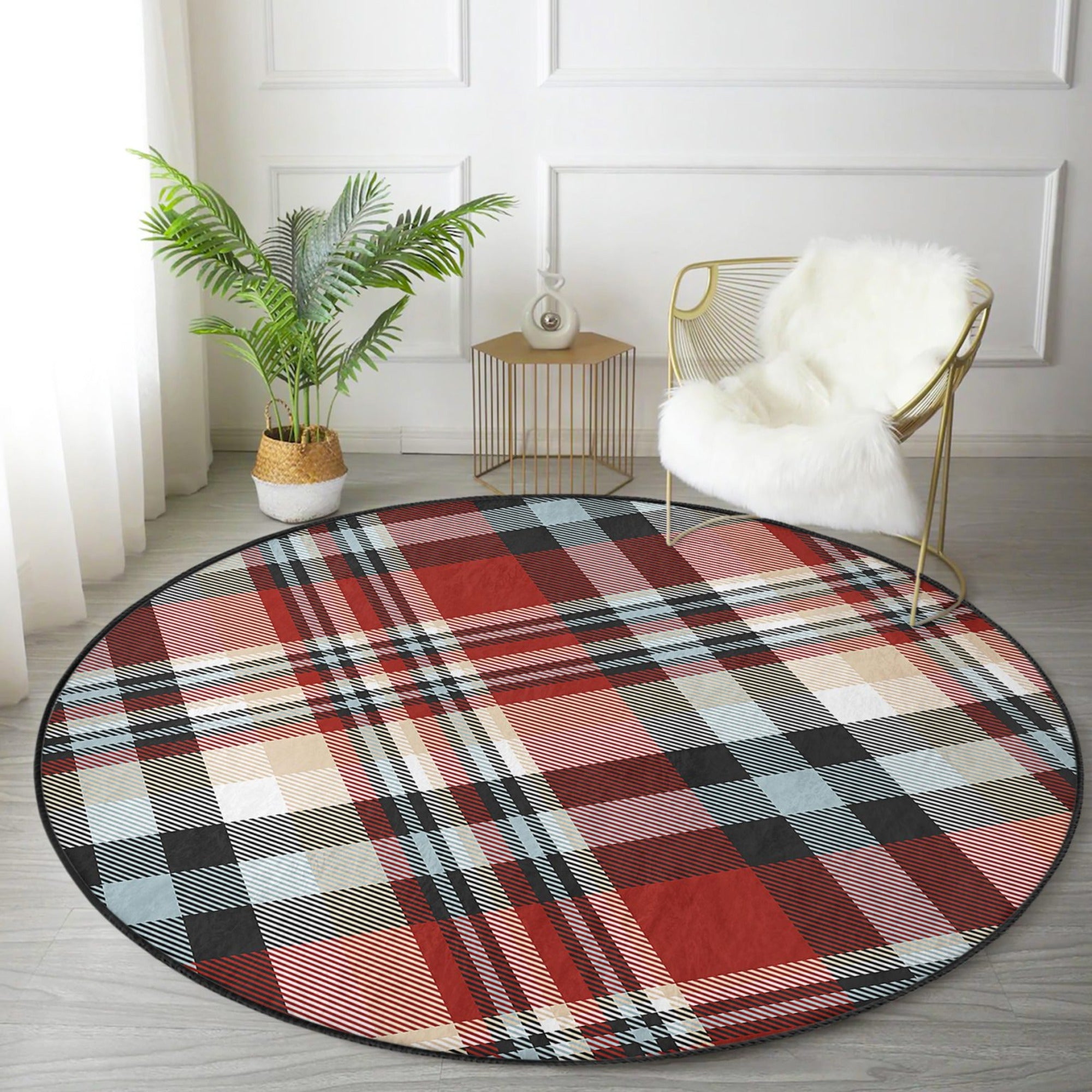 Plaid patterned round rug in a cozy living room setting, showcasing its soft velvet texture and non-slip backing.