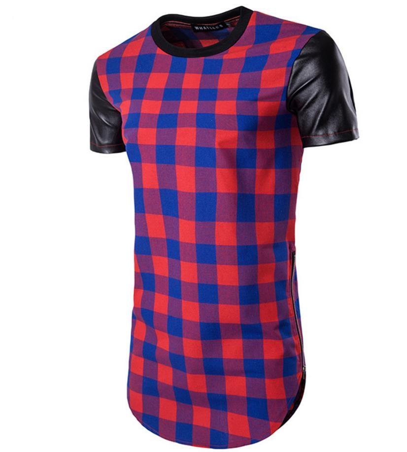 Men's plaid t-shirt featuring patchwork PU leather and short sleeves, perfect for summer wear.