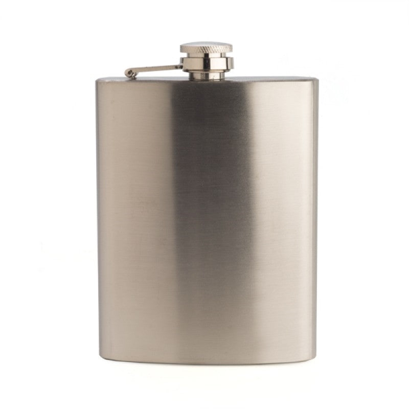 Plain Metal Flask with zincalume finish, holding 8 ounces, ideal for travel and outdoor use.