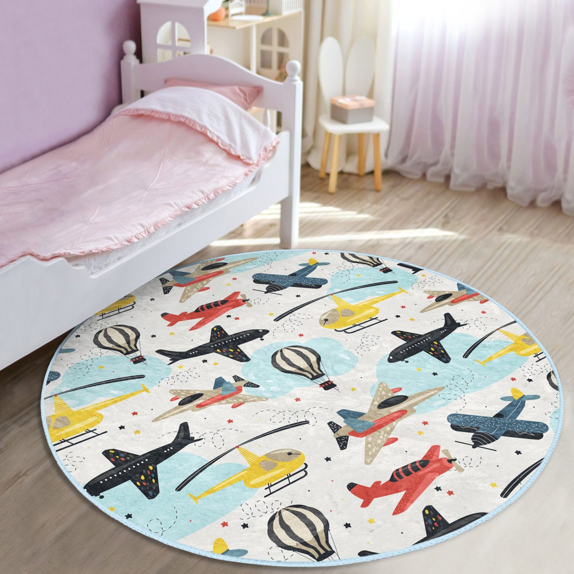 Colorful kids' room washable rug featuring planes and helicopters, designed for safety and durability.