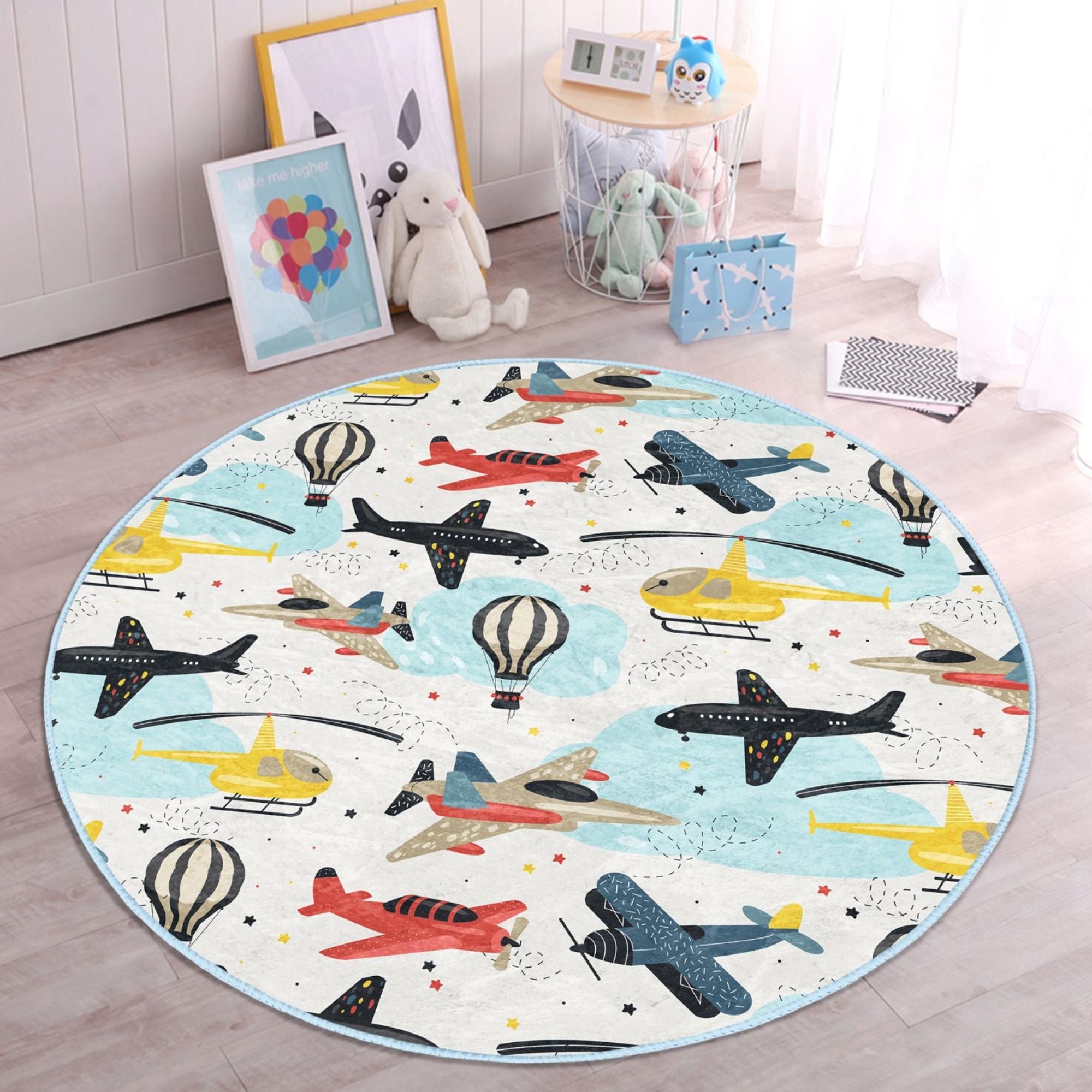 Colorful kids' room washable rug featuring planes and helicopters, designed for safety and durability.