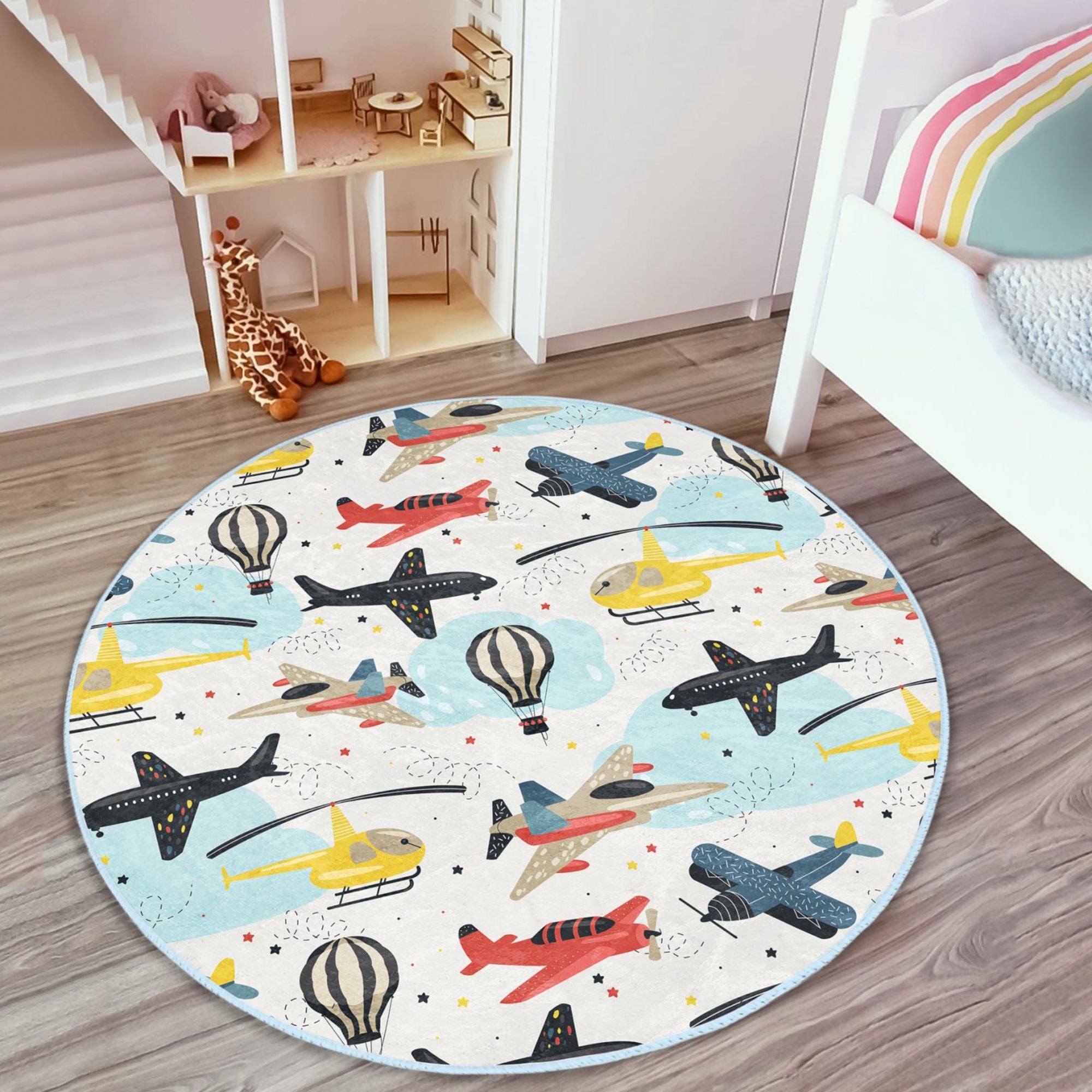 Colorful kids' room washable rug featuring planes and helicopters, designed for safety and durability.