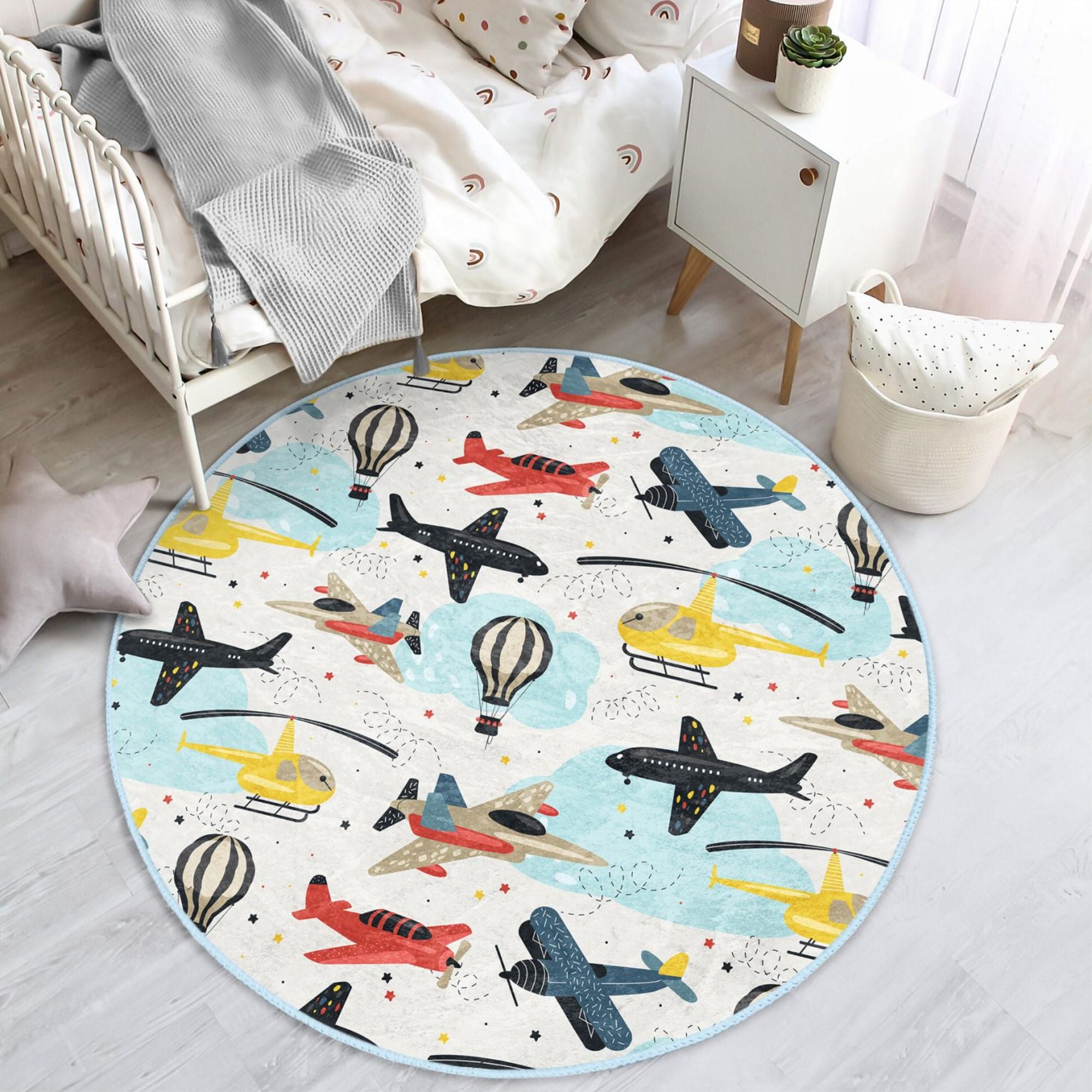 Colorful kids' room washable rug featuring planes and helicopters, designed for safety and durability.