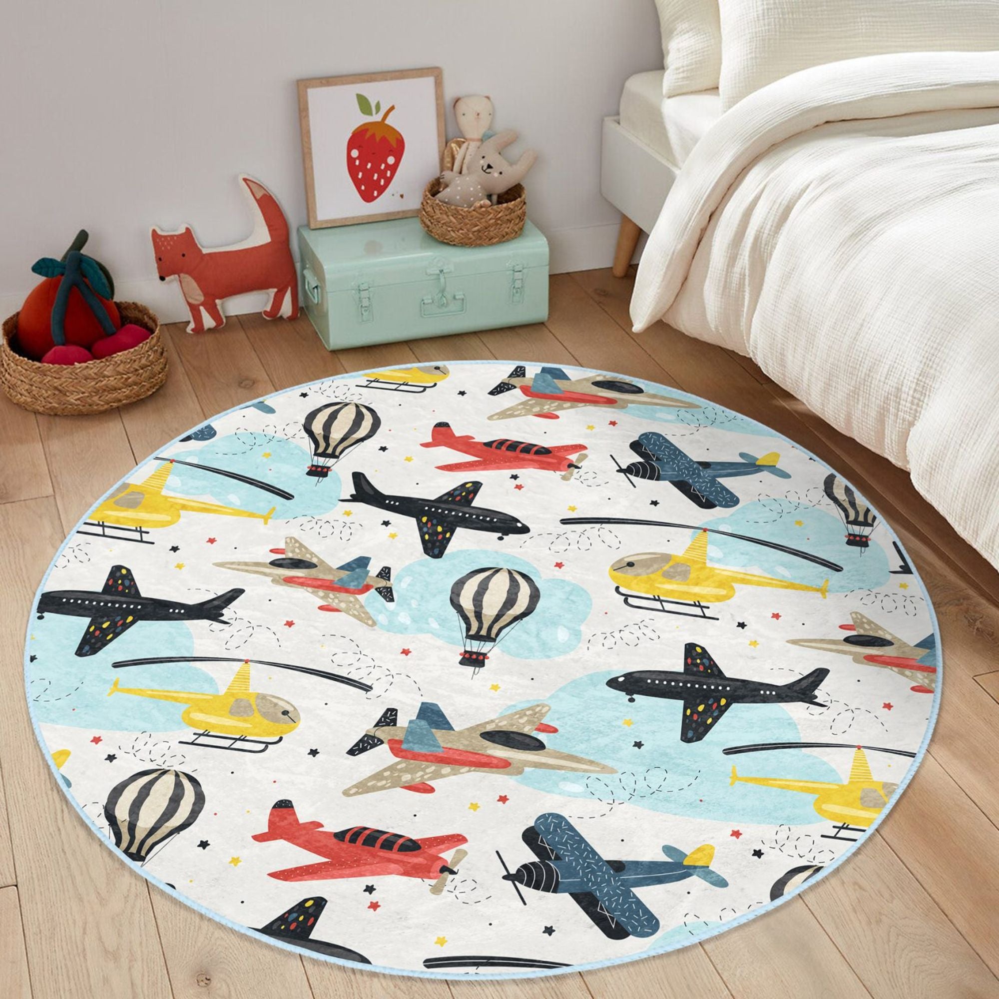 Colorful kids' room washable rug featuring planes and helicopters, designed for safety and durability.