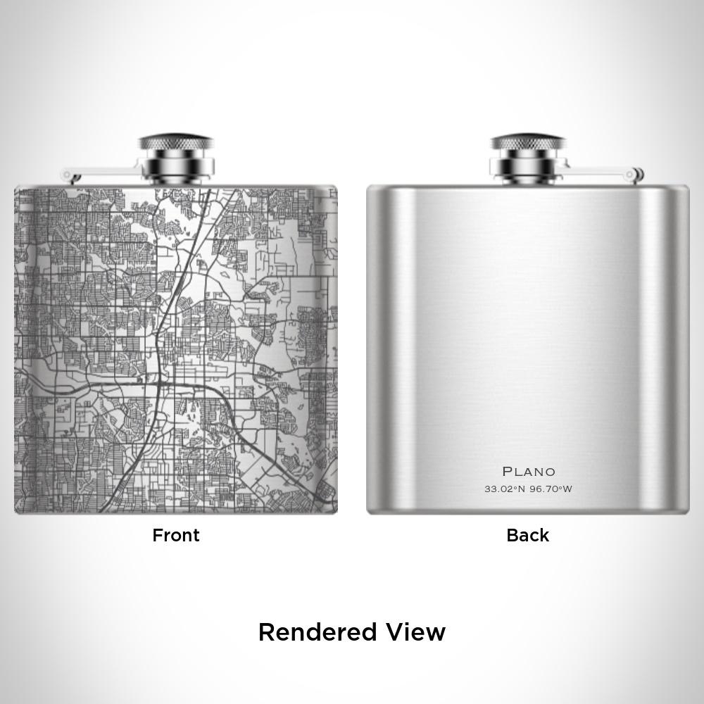 Plano, Texas map engraved on a sleek 6oz hip flask with a funnel and canvas bag.