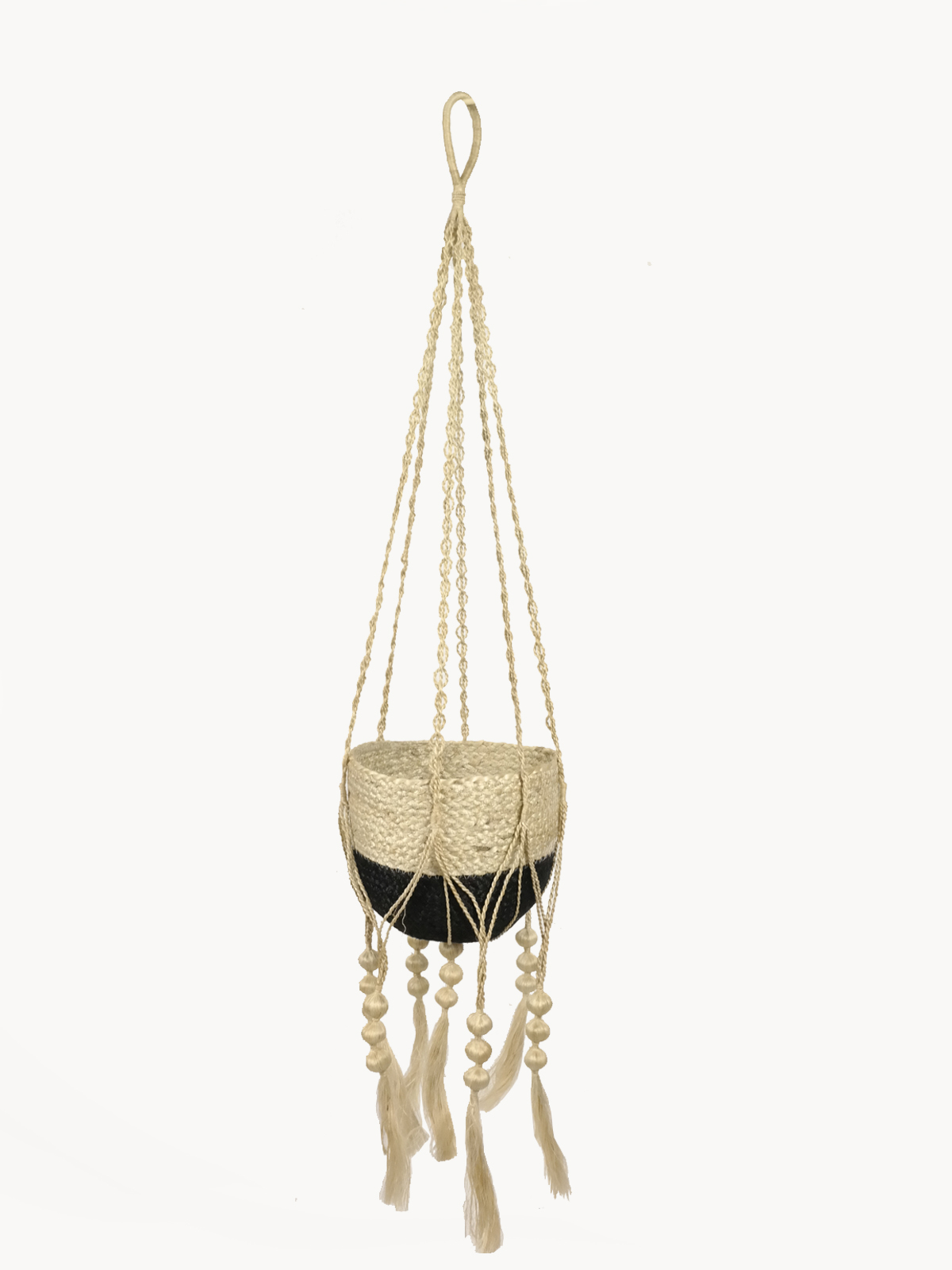 Fiora Plant Hanger made of natural braided jute, showcasing a knotted bottom for stability, perfect for indoor plants.