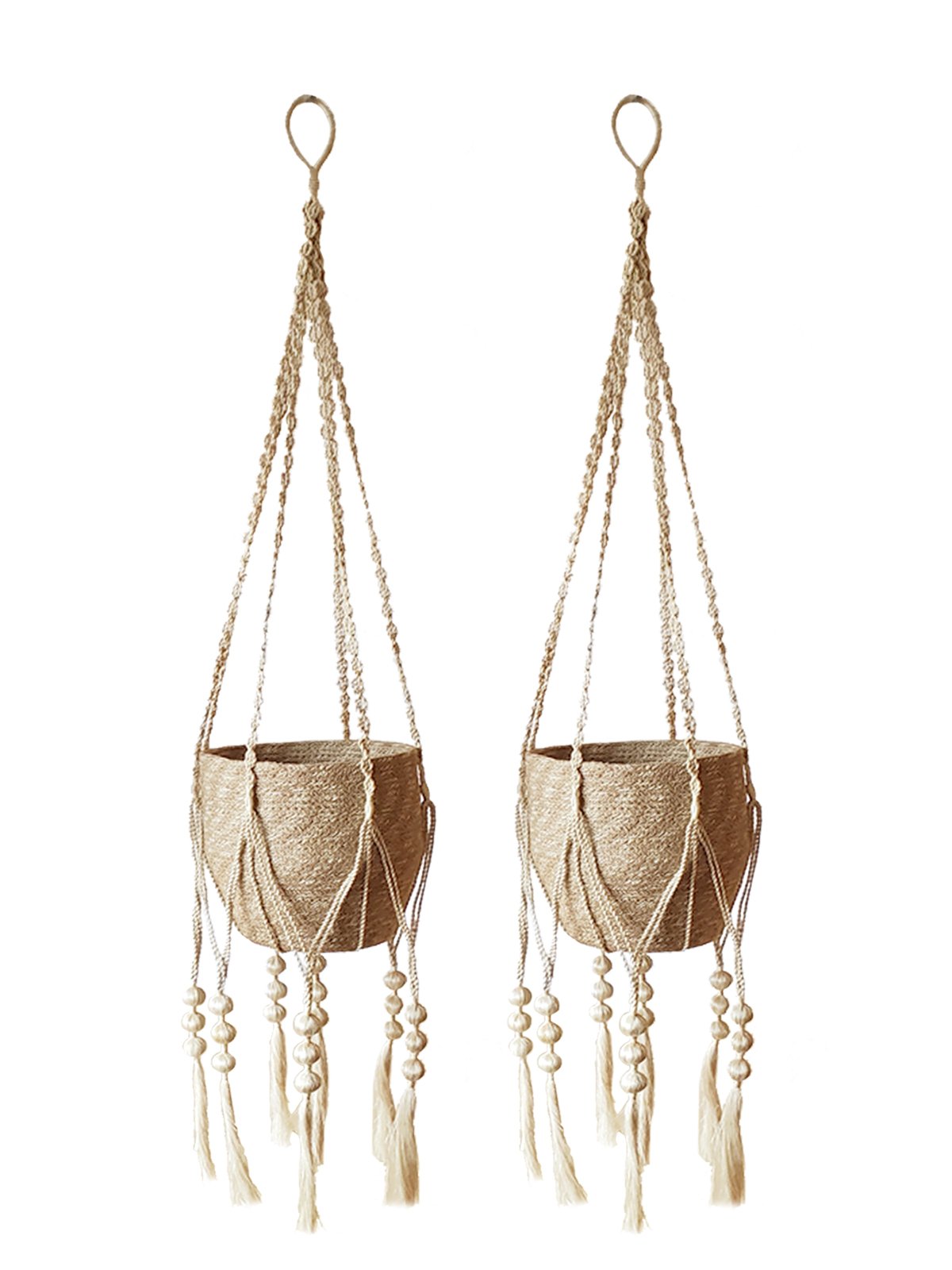 Fiora Plant Hanger made of natural braided jute, showcasing a knotted bottom for stability, perfect for indoor plants.