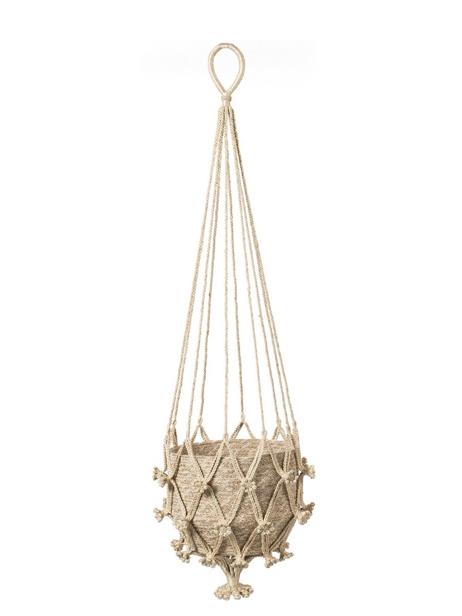 Shuly Plant Hanger made from braided jute with a floral pattern, showcasing its unique design and natural color.