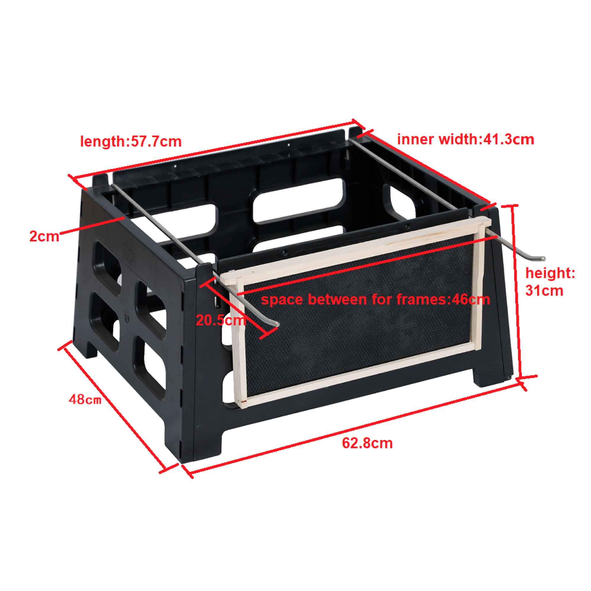 Plastic beehive stand designed for 10 frame Langstroth hives, featuring sturdy construction and metal support bars.