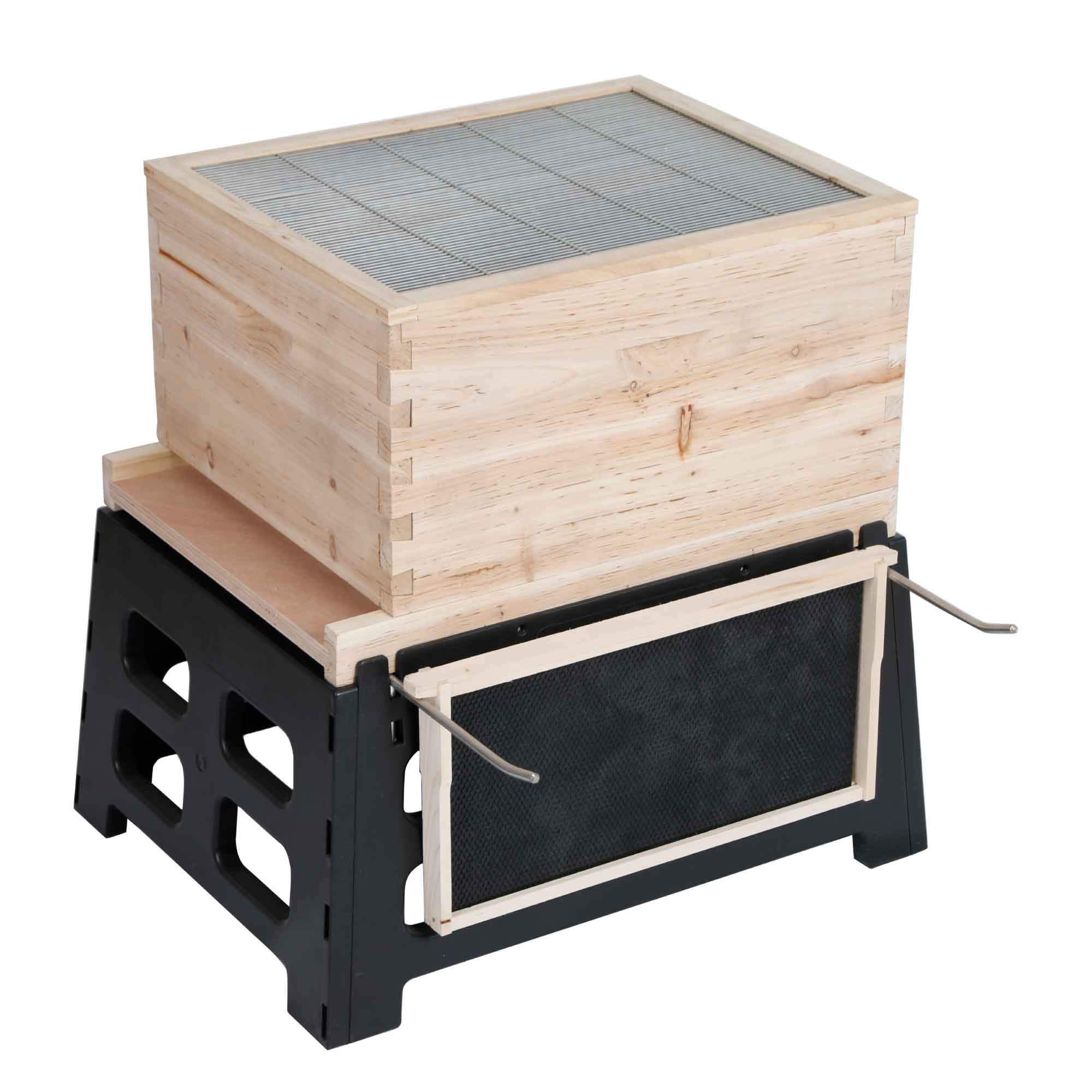 Plastic beehive stand designed for 10 frame Langstroth hives, featuring sturdy construction and metal support bars.