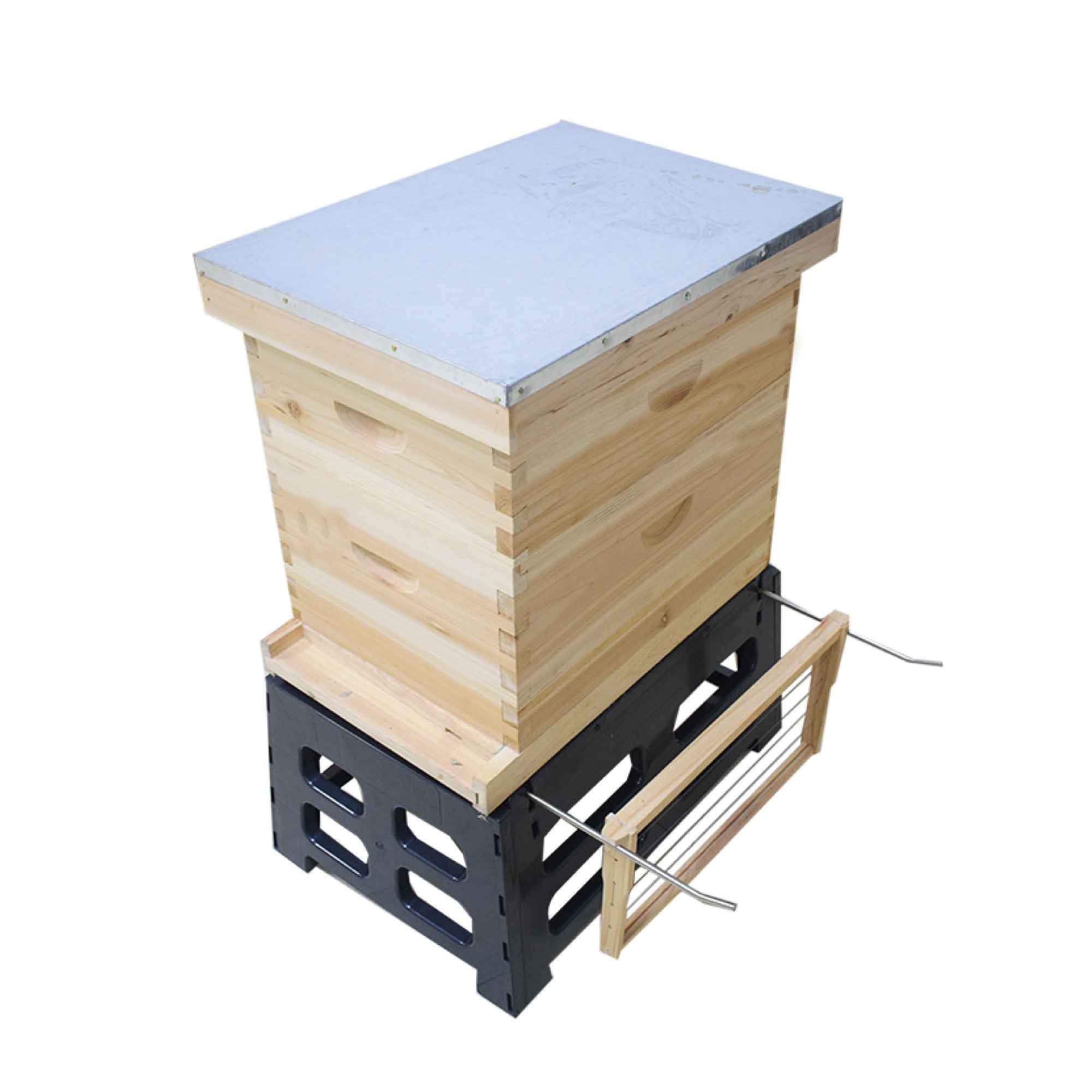 Plastic beehive stand designed for 10 frame Langstroth hives, featuring sturdy construction and metal support bars.