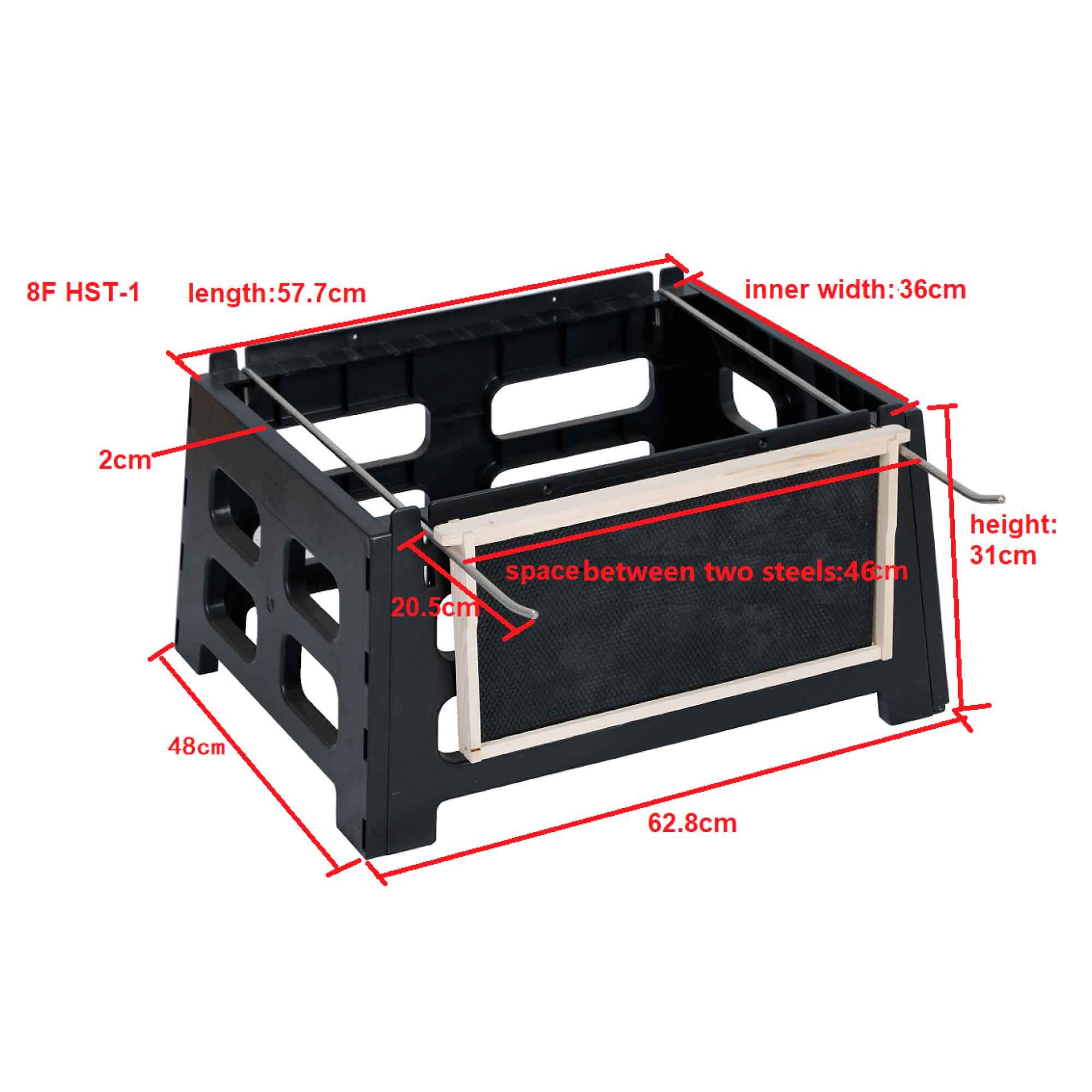 Plastic beehive stand designed for 8 frame Langstroth hives, featuring sturdy construction and metal support bars.