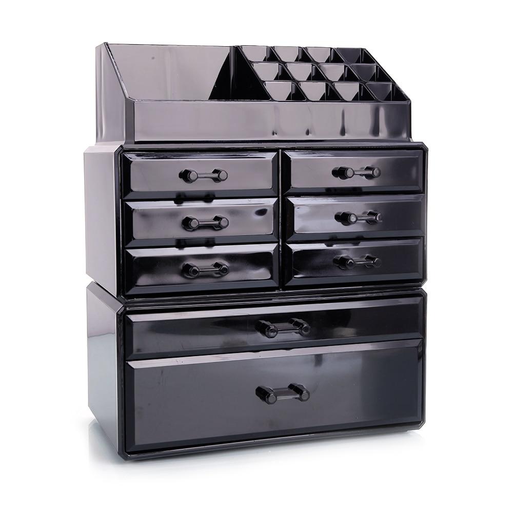 Plastic Cosmetics Storage Rack in black with 6 small and 2 large drawers, ideal for makeup organization.