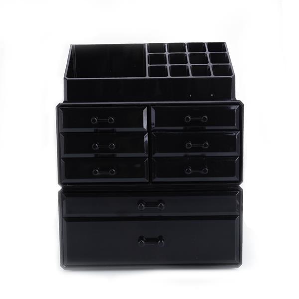 Plastic Cosmetics Storage Rack in black with 6 small and 2 large drawers, ideal for makeup organization.