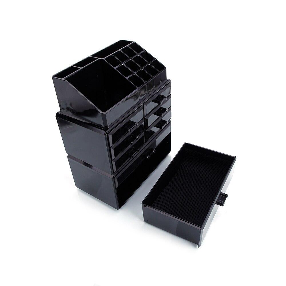 Plastic Cosmetics Storage Rack in black with 6 small and 2 large drawers, ideal for makeup organization.