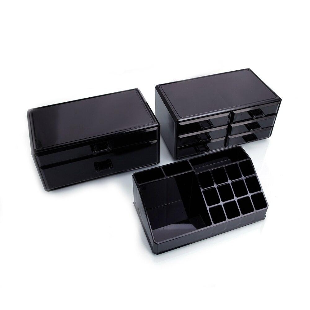 Plastic Cosmetics Storage Rack in black with 6 small and 2 large drawers, ideal for makeup organization.