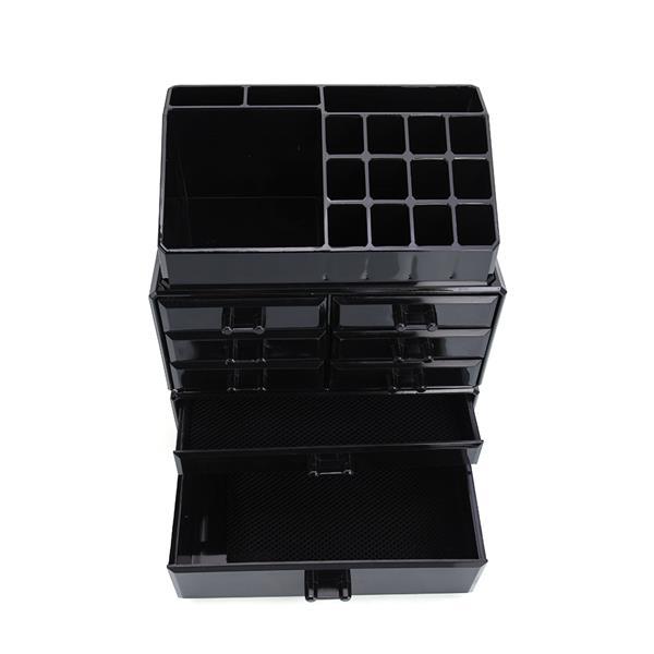 Plastic Cosmetics Storage Rack in black with 6 small and 2 large drawers, ideal for makeup organization.