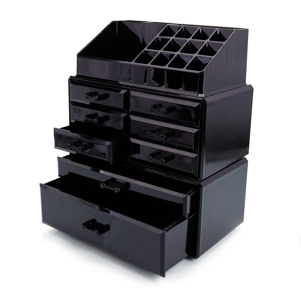 Plastic Cosmetics Storage Rack in black with 6 small and 2 large drawers, ideal for makeup organization.