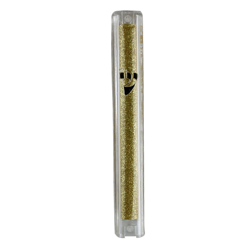 Clear plastic mezuzah with gold glitter, measuring 10 cm, elegantly designed for home decoration.