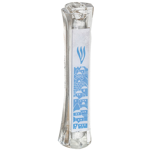 Clear plastic mezuzah with white Perspex plaque, measuring 12 cm, elegantly designed for home decor.