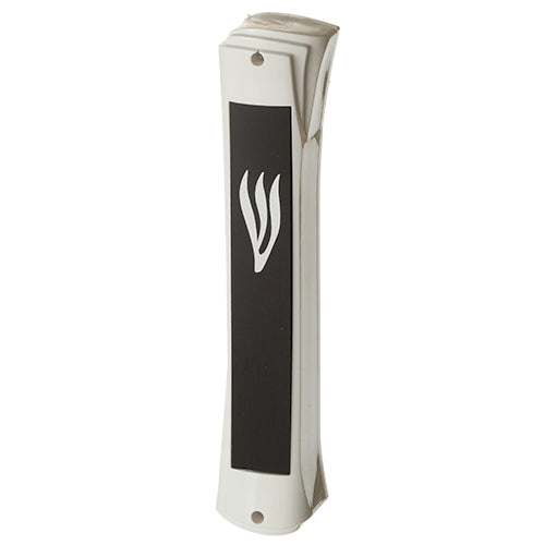 Elegant white plastic mezuzah with a black Perspex plaque, measuring 12 cm, designed for home decoration.