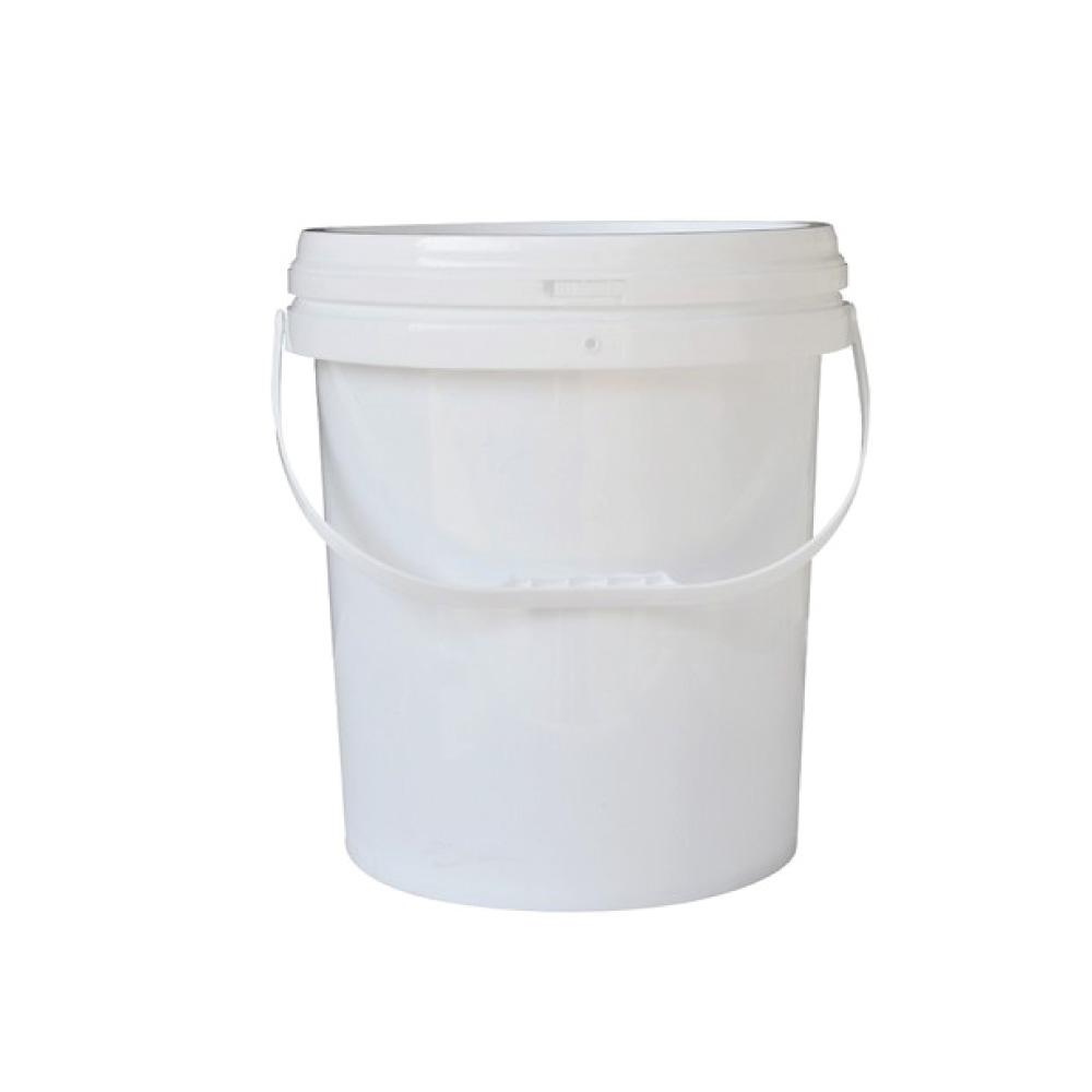 Three sizes of plastic white food buckets with handles and tamper evident lids, showcasing 2L, 5L, and 10L capacities.