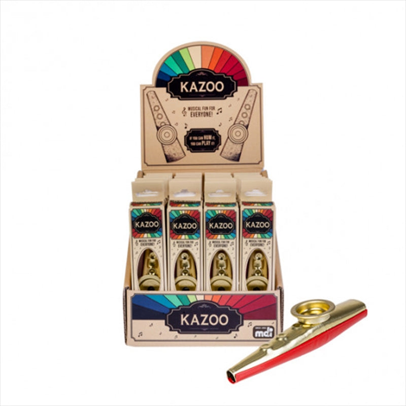 A vibrant red and brass kazoo, a fun metal musical instrument for humming and singing.